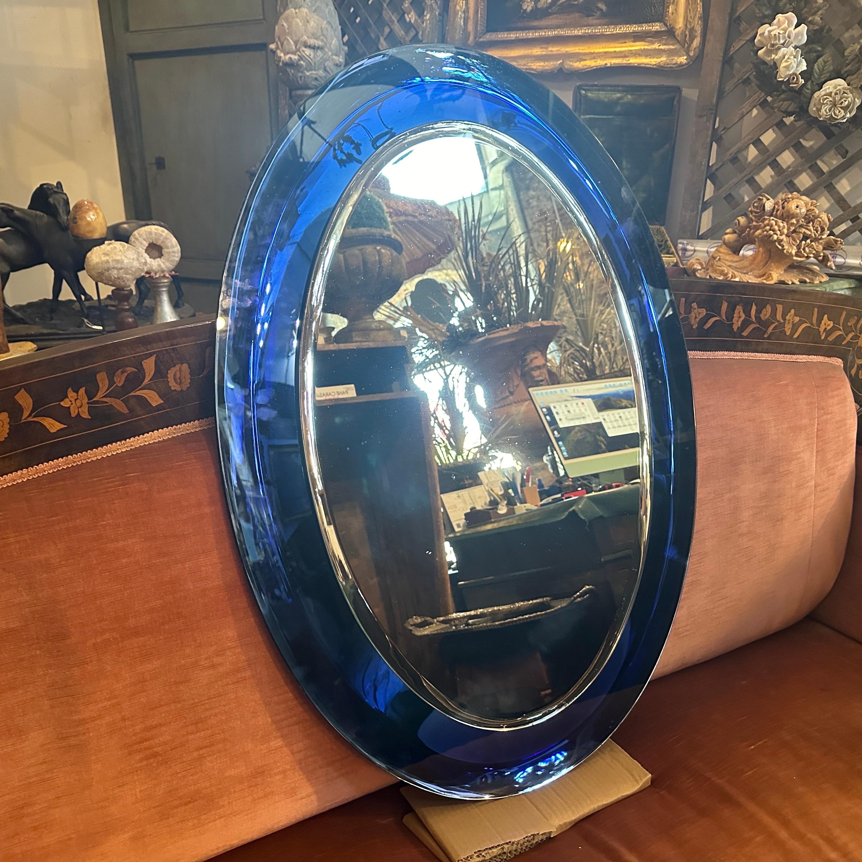 Glass 21 January 1971 Space Age Blue Italian Oval Wall Mirror by Metalvetro Siena