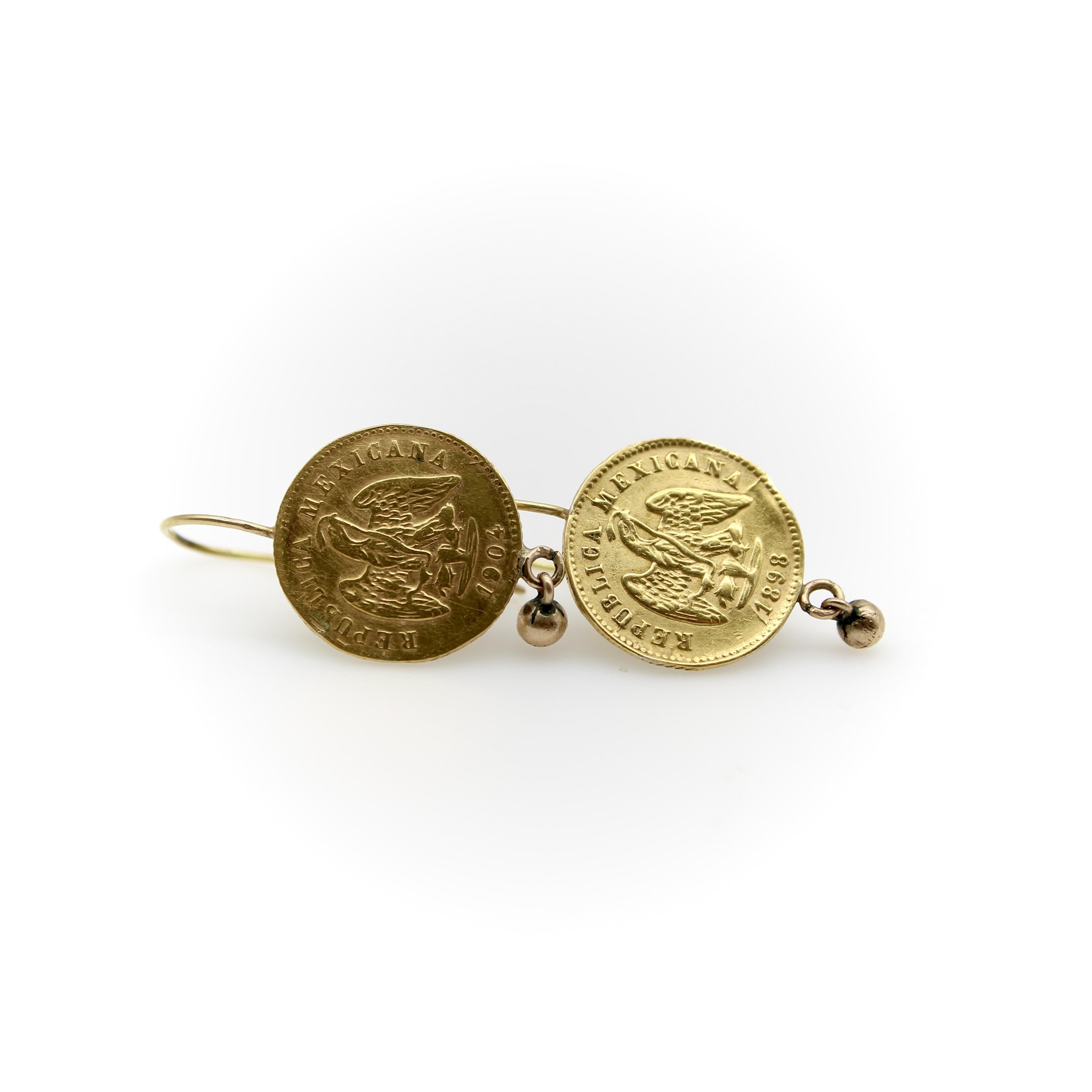 Victorian 21 Karat Gold Mexican Peso Earrings From the Turn of the 20th Century For Sale