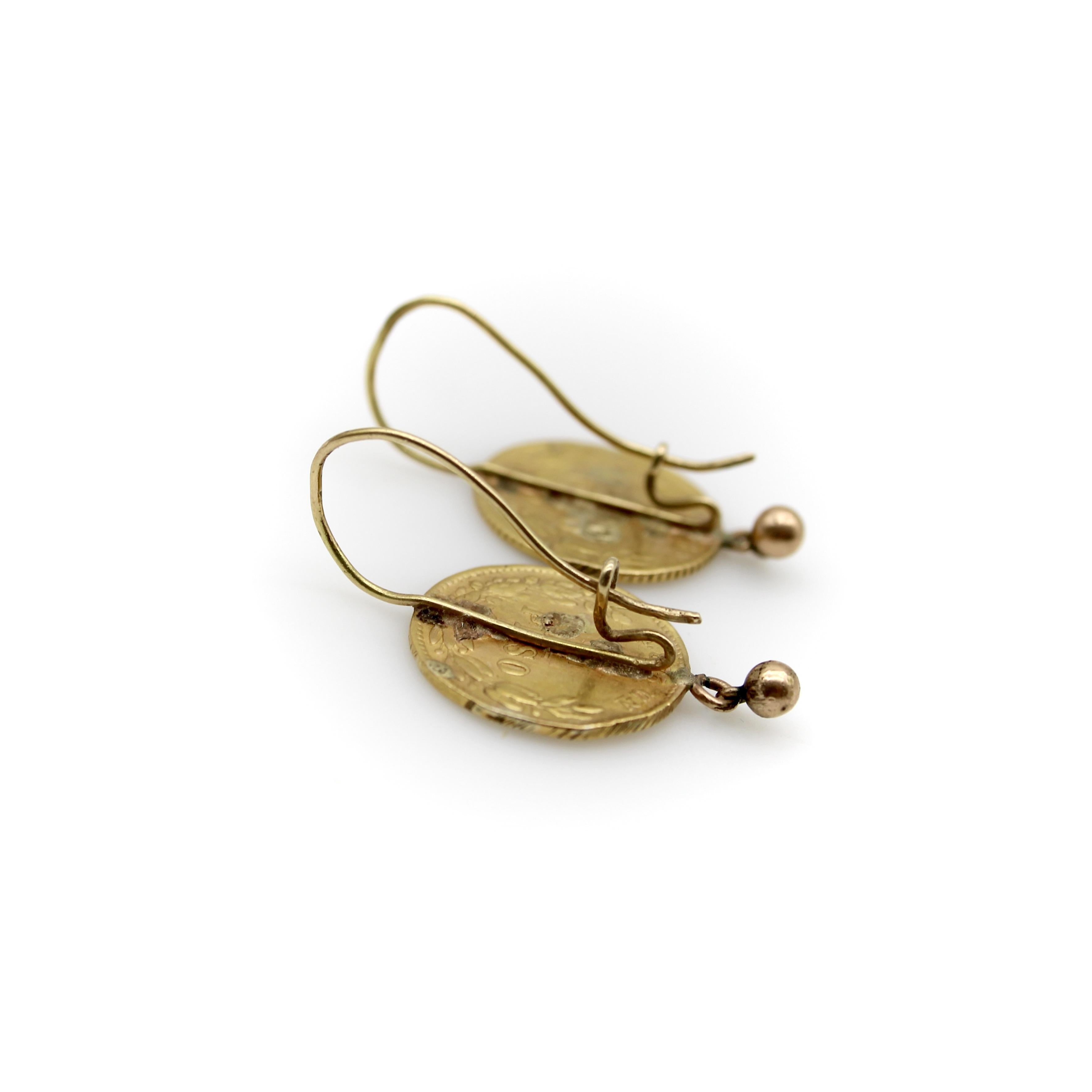 Women's or Men's 21 Karat Gold Mexican Peso Earrings From the Turn of the 20th Century For Sale
