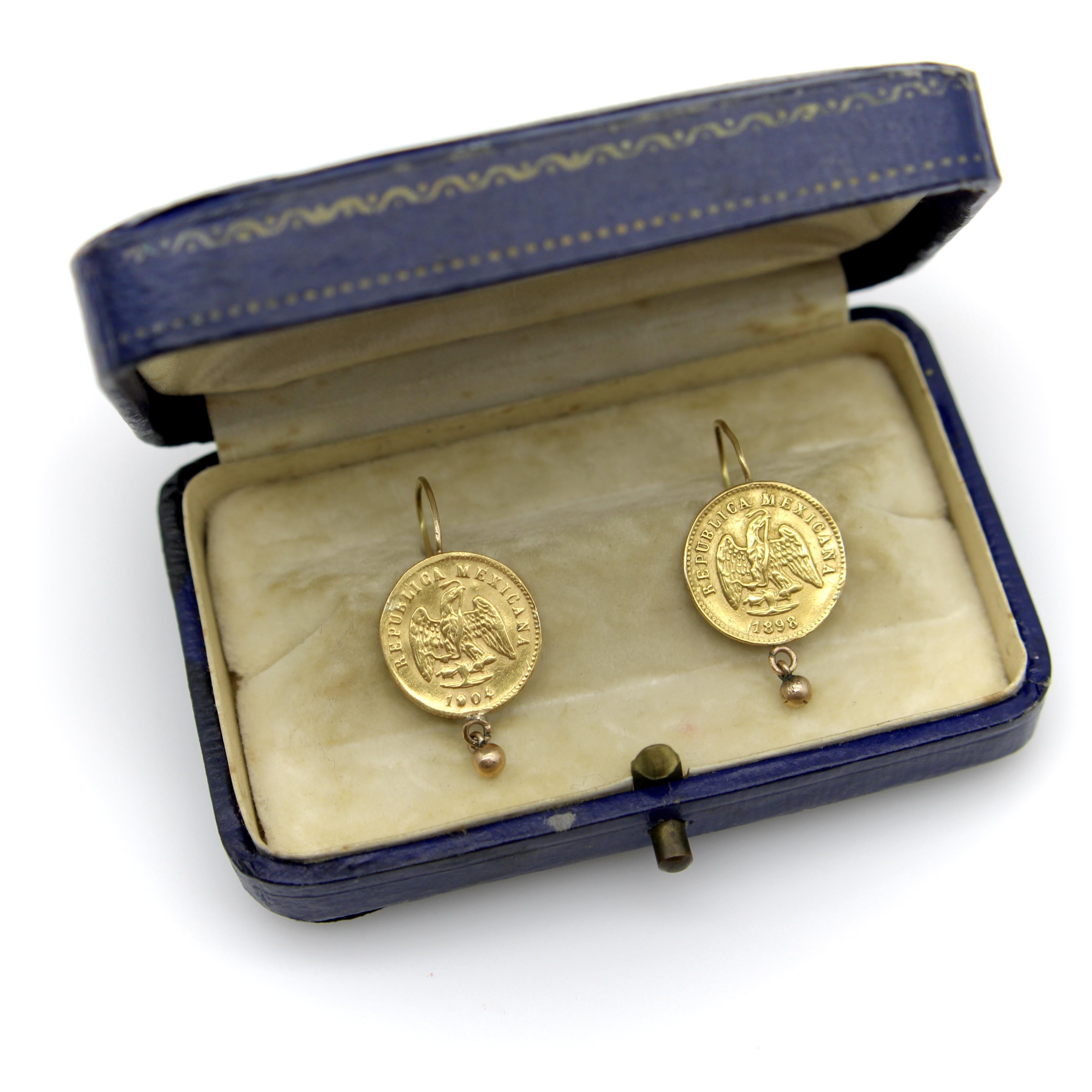 21 Karat Gold Mexican Peso Earrings From the Turn of the 20th Century For Sale 1