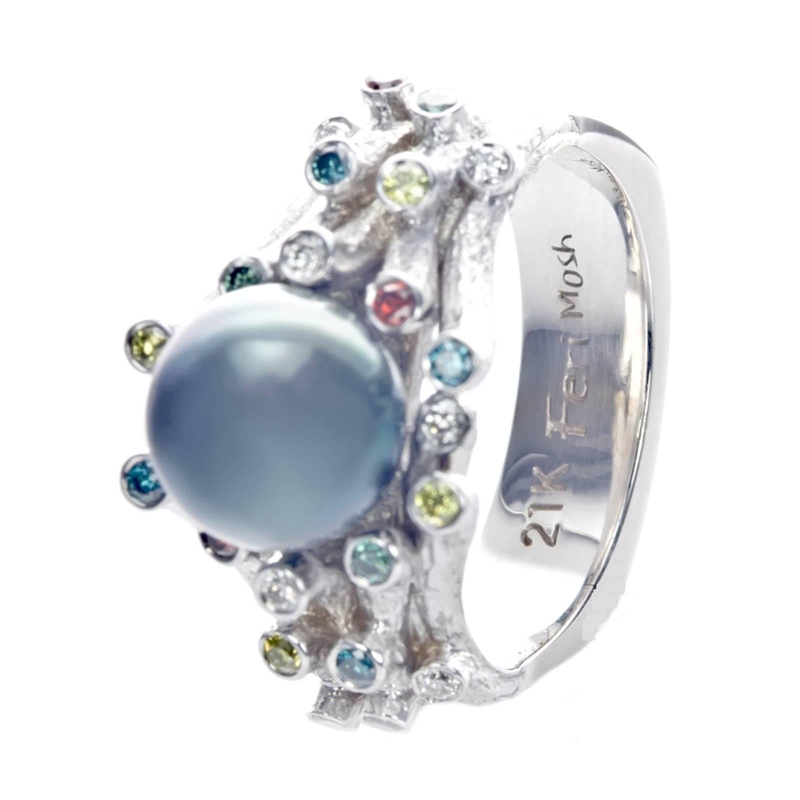 21 Karat White Gold Diamond Women Pearl Ring by Feri In New Condition For Sale In Valenton, FR