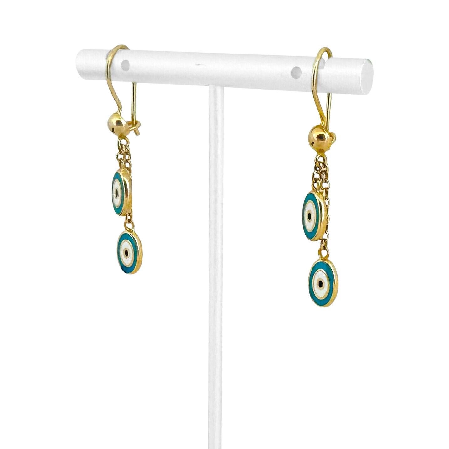21k Yellow Gold and Enamel Evil Eye Dangle Drop Earrings

Condition:  Excellent Condition, Professionally Cleaned and Polished
Metal:  21k Gold (Marked, and Professionally Tested)
Weight:  4.7g
Length:  1.75 Inches
Width:  6mm
Closure: 