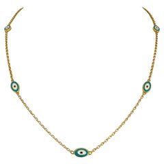 Kabel-Gliederhalskette aus 21 Karat Gelbgold und Emaille Evil Eye Station