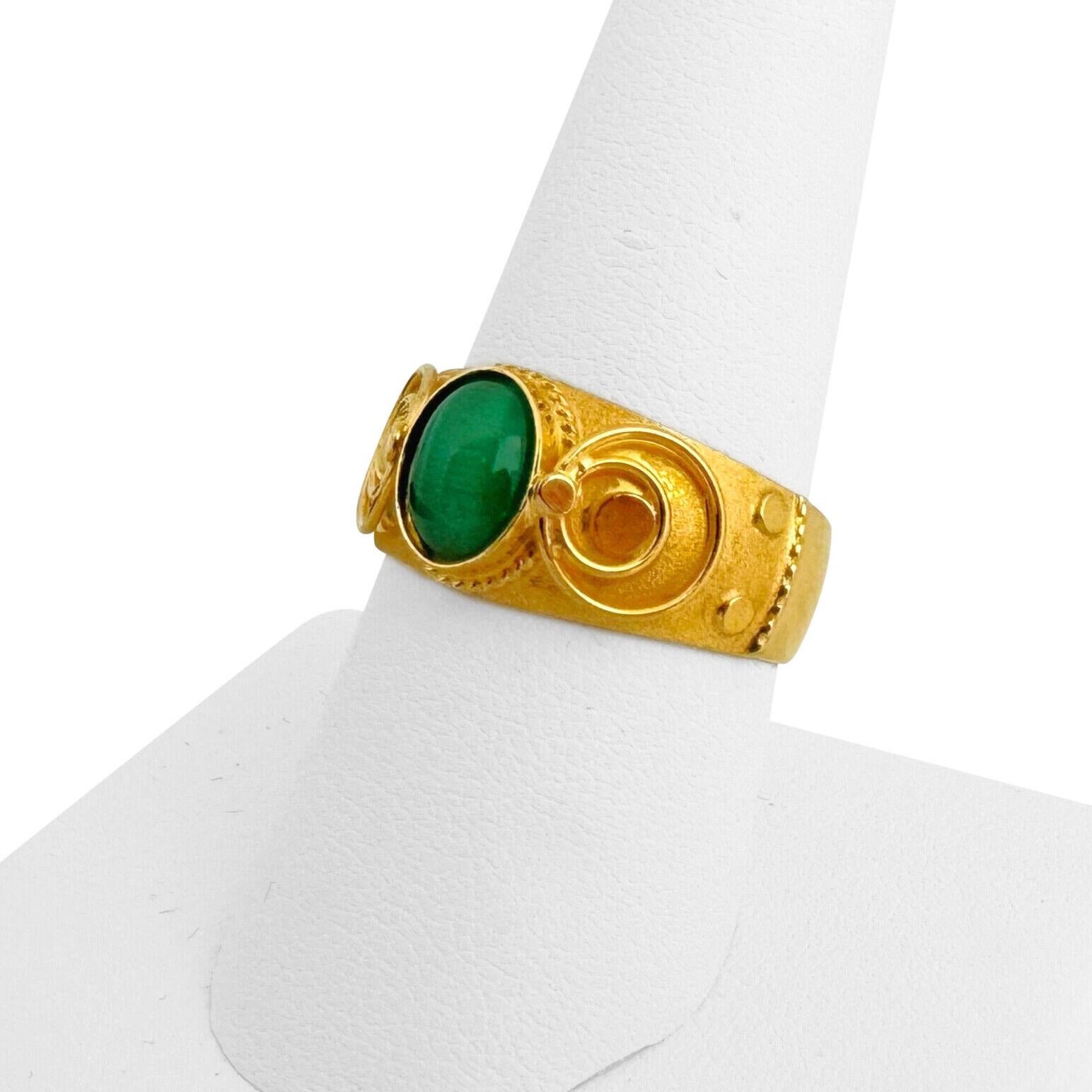 21k Yellow Gold and Green Tiger's Eye 3.6g Fancy Band Ring Size 8.5

Condition:  Excellent Condition, Professionally Cleaned and Polished
Metal:  21k Gold (Marked, and Professionally Tested)
Weight:  3.6g
Gemstone:  Oval Cabochon Green Tiger's