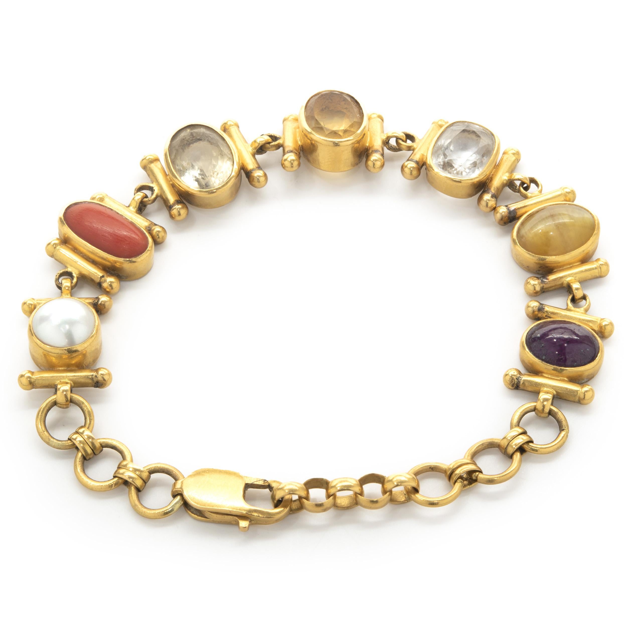 Mixed Cut 21 Karat Yellow Gold Bezel Set Multi Gemstone Ornate Link Bracelet For Sale
