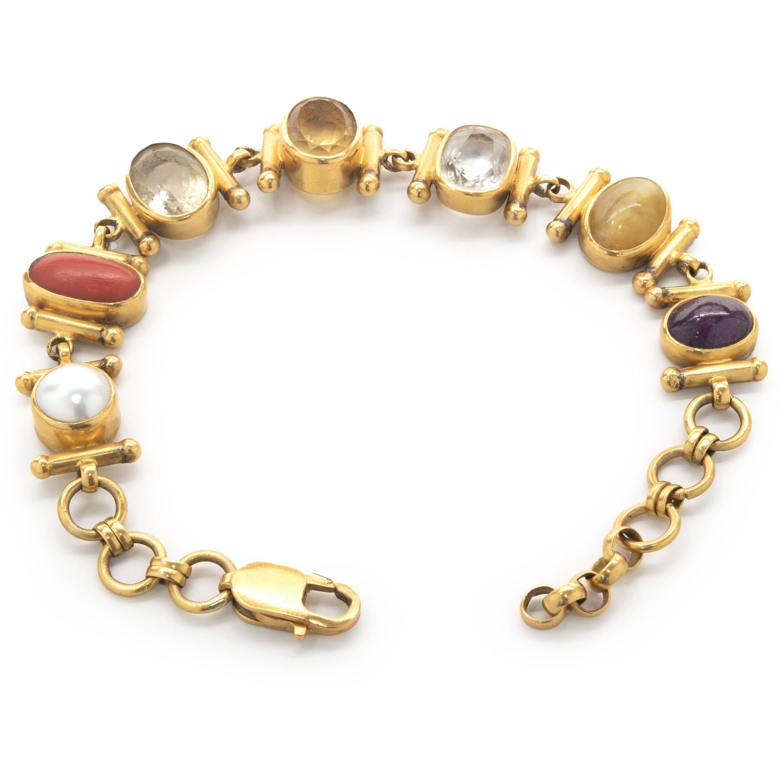 21 Karat Yellow Gold Bezel Set Multi Gemstone Ornate Link Bracelet In Excellent Condition For Sale In Scottsdale, AZ