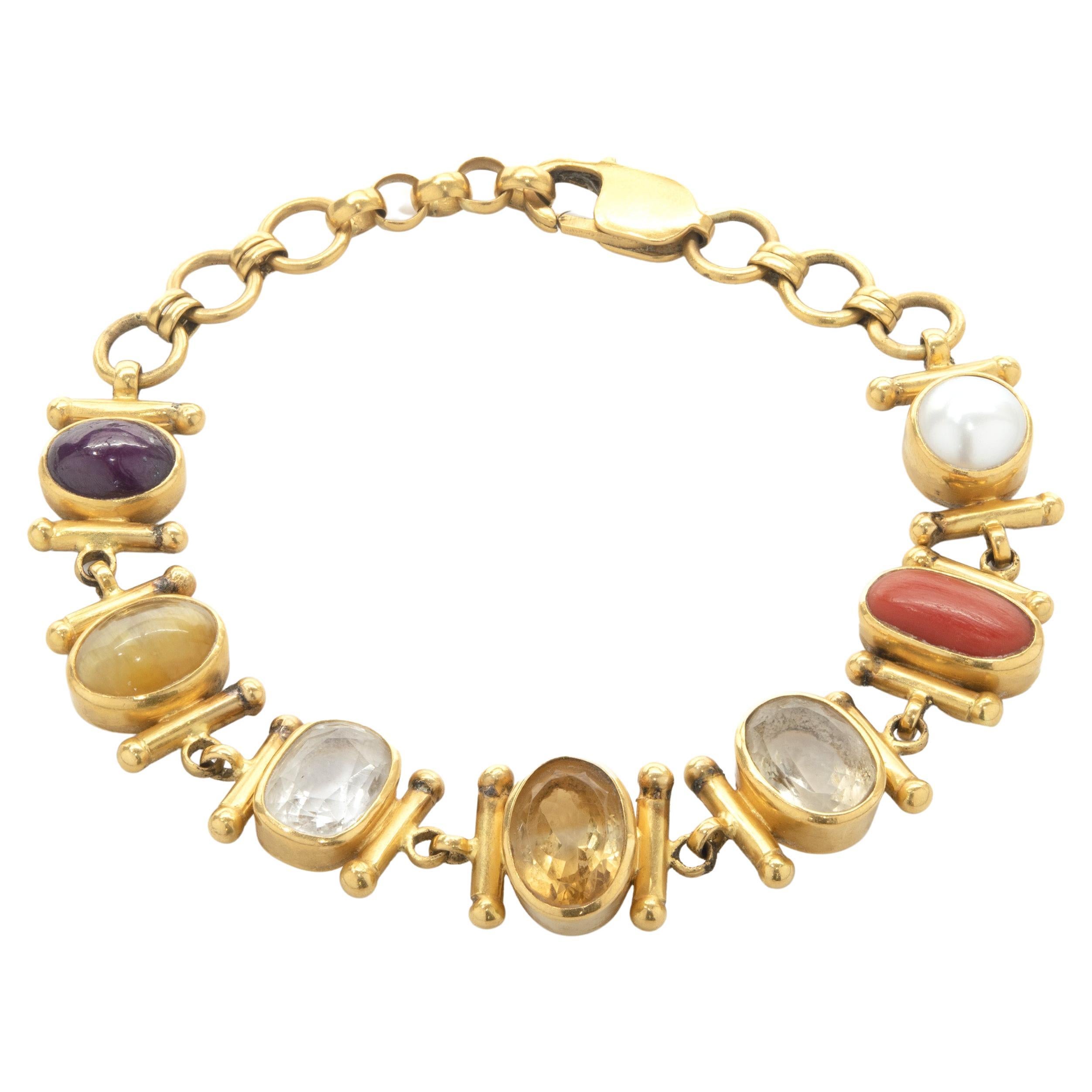 21 Karat Yellow Gold Bezel Set Multi Gemstone Ornate Link Bracelet For Sale