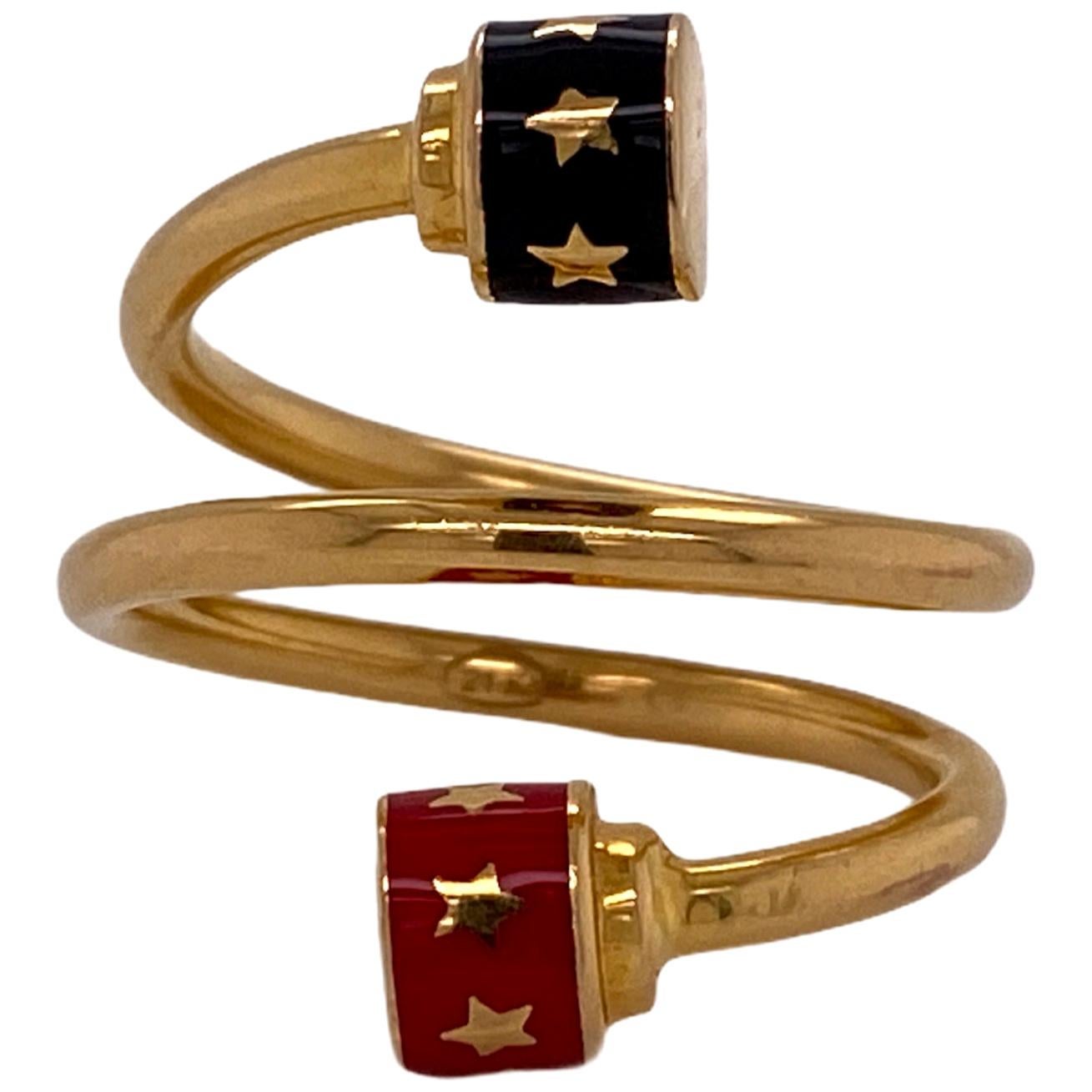 21 Karat Yellow Gold Black and Red Enamel Coil Wrap Ring Modern