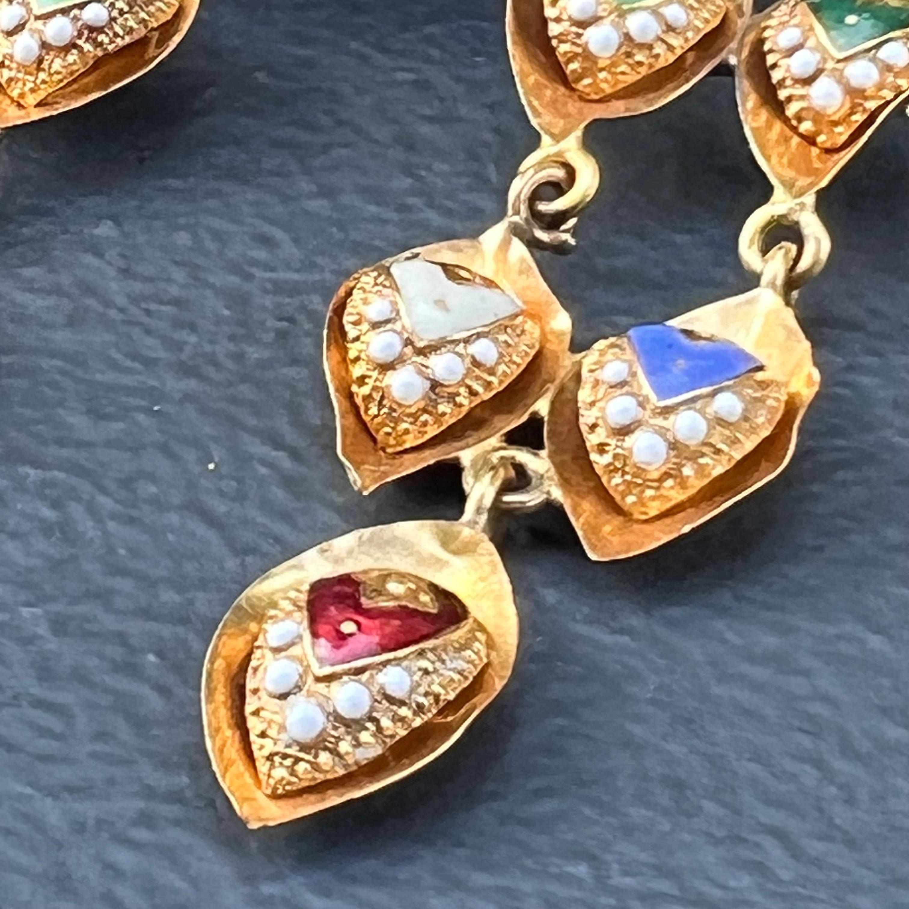 Women's 21 Karat Yellow Gold Enamel Dangle Earrings  For Sale