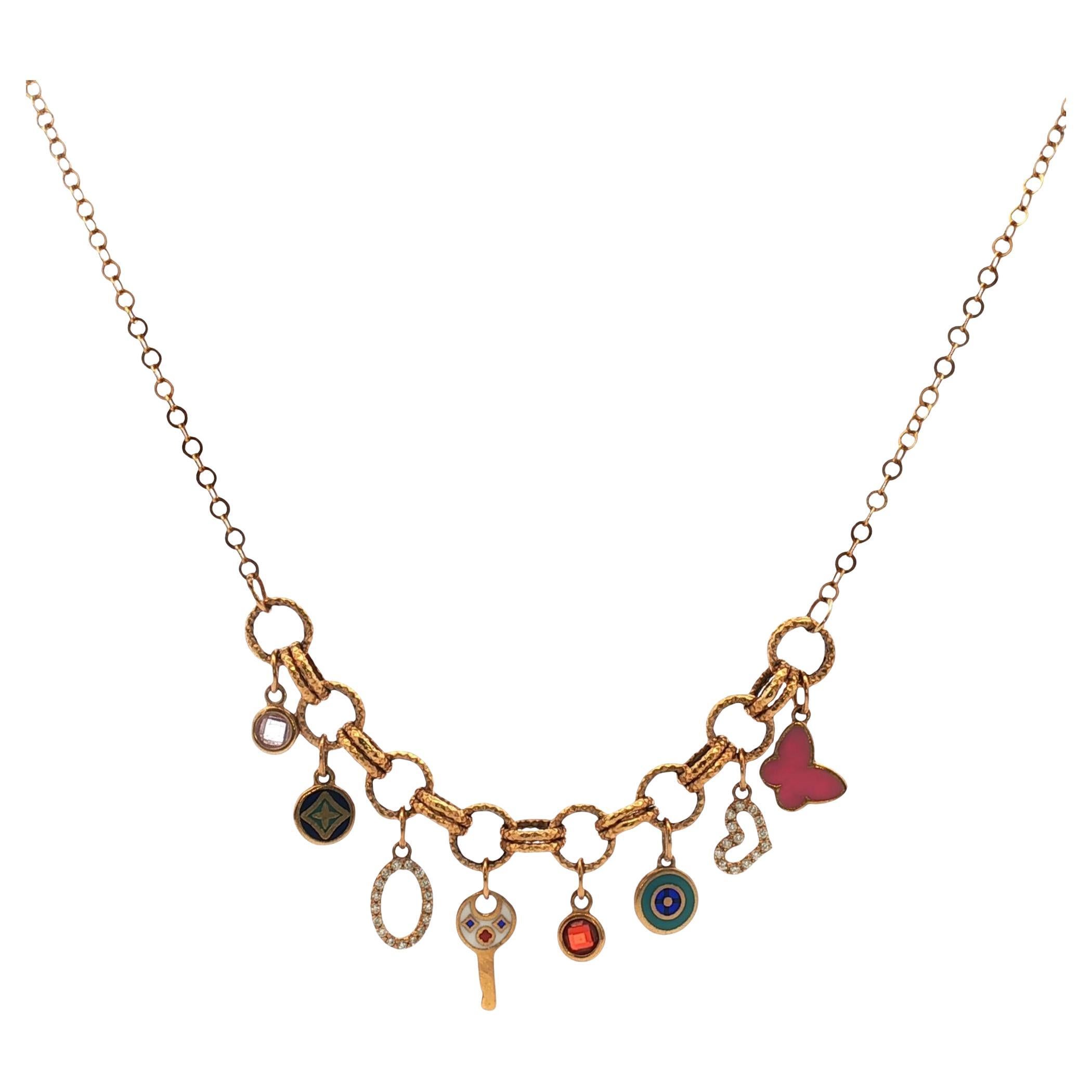 21 Karat Yellow Gold Enamel 
Diamond Mulit-Charm Link Necklace im Angebot