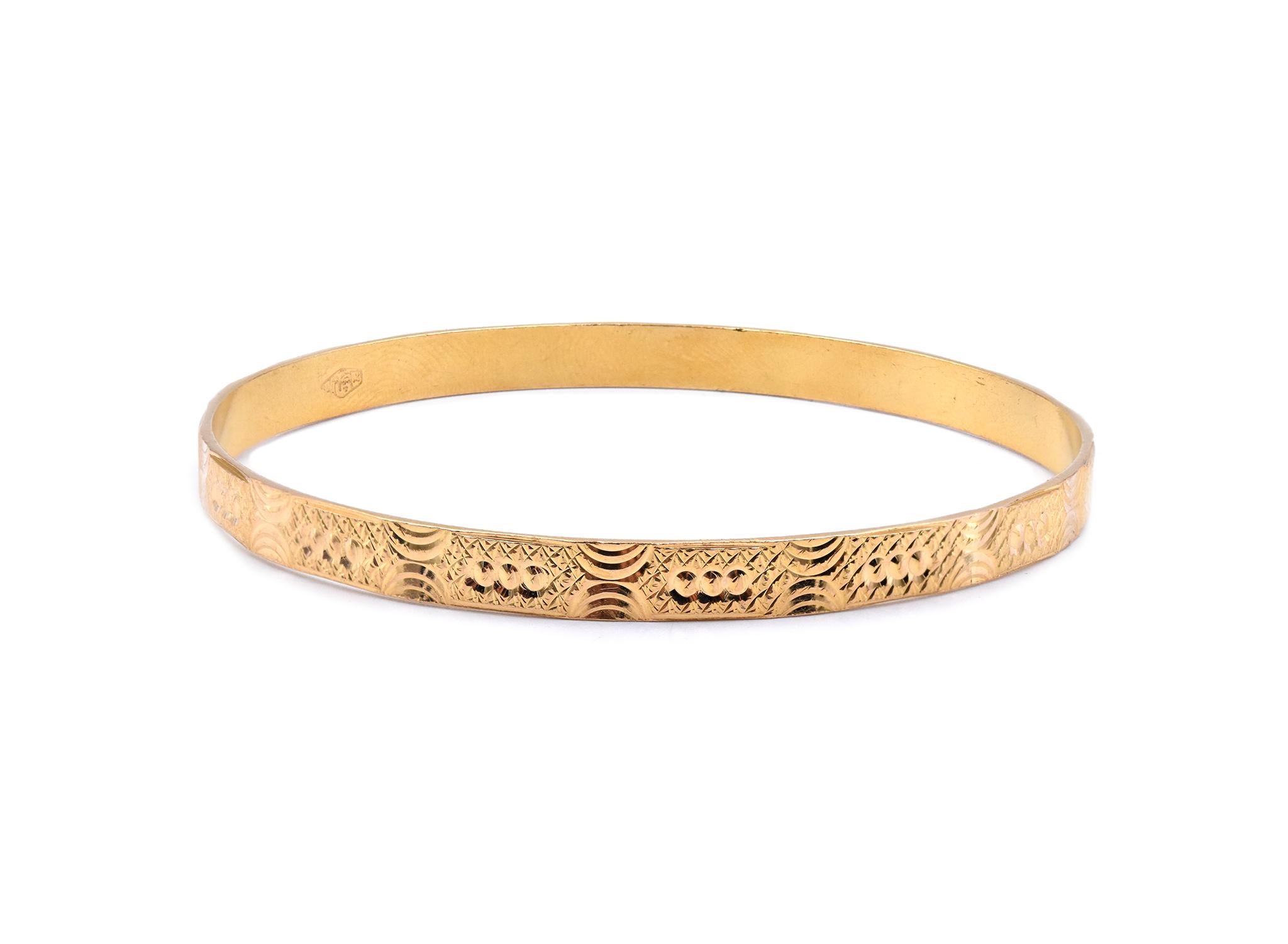 Designer: custom
Material: 21k yellow gold
Dimensions: the bracelet will fit up to a 8-inch wrist
Weight: 17.82 grams
