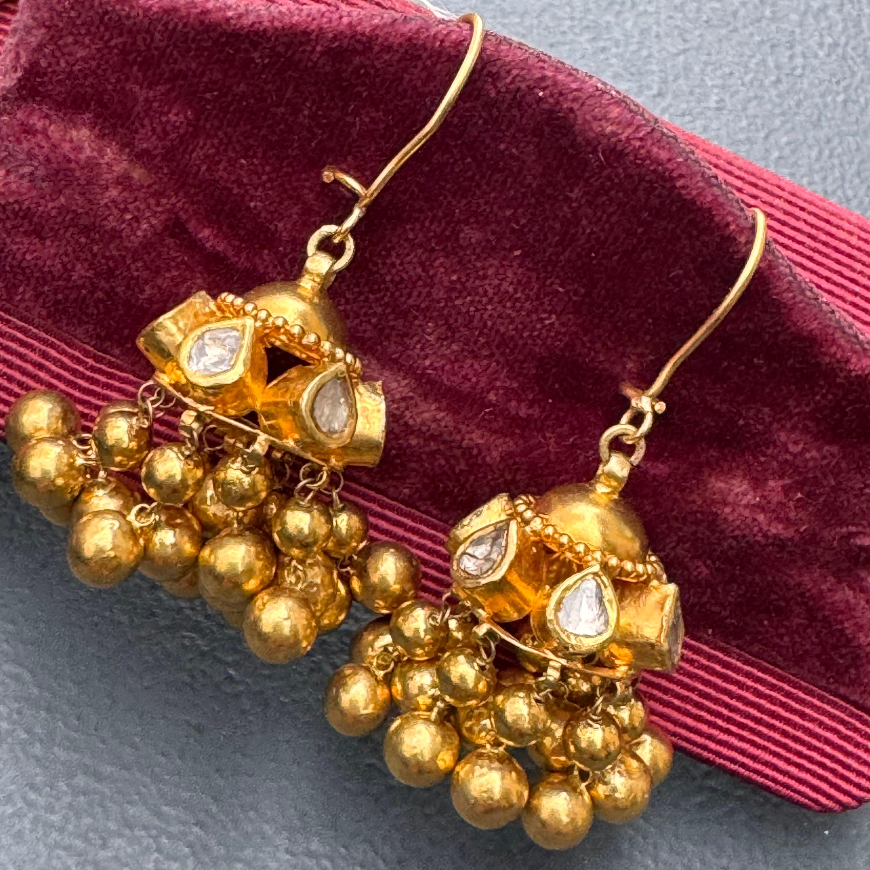 Heavy Vintage  Handmade 21kt solid gold ,Genuine Diamonds Chandelier dangle /drop earrings for pierced ears . Extremely well made with beautiful details .
There are total of 12 rose cut diamonds approximately 1.80 cttw which are bezel set in 21k