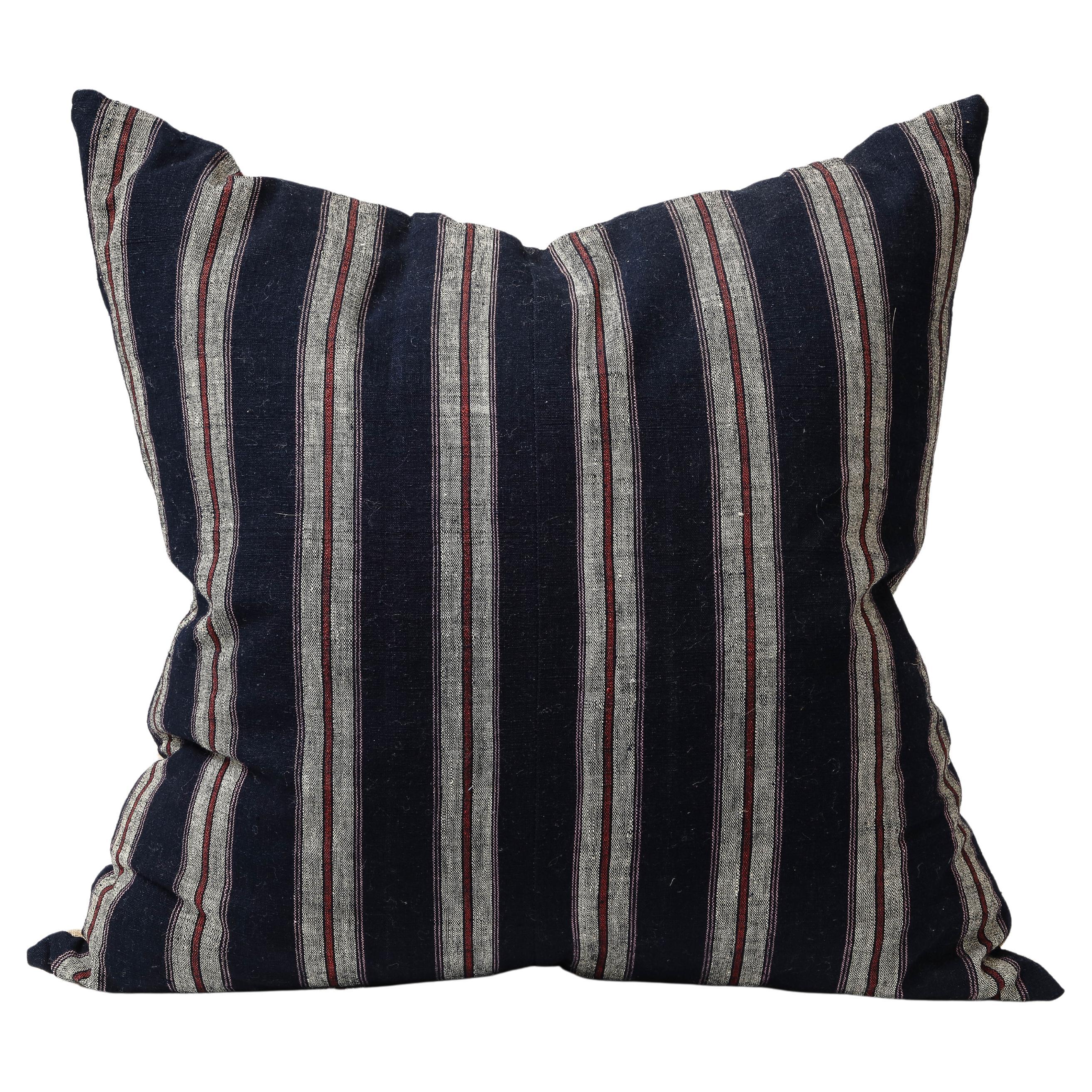 21" Navy, Red, Cream, and Pink Linen Stripe Pillow