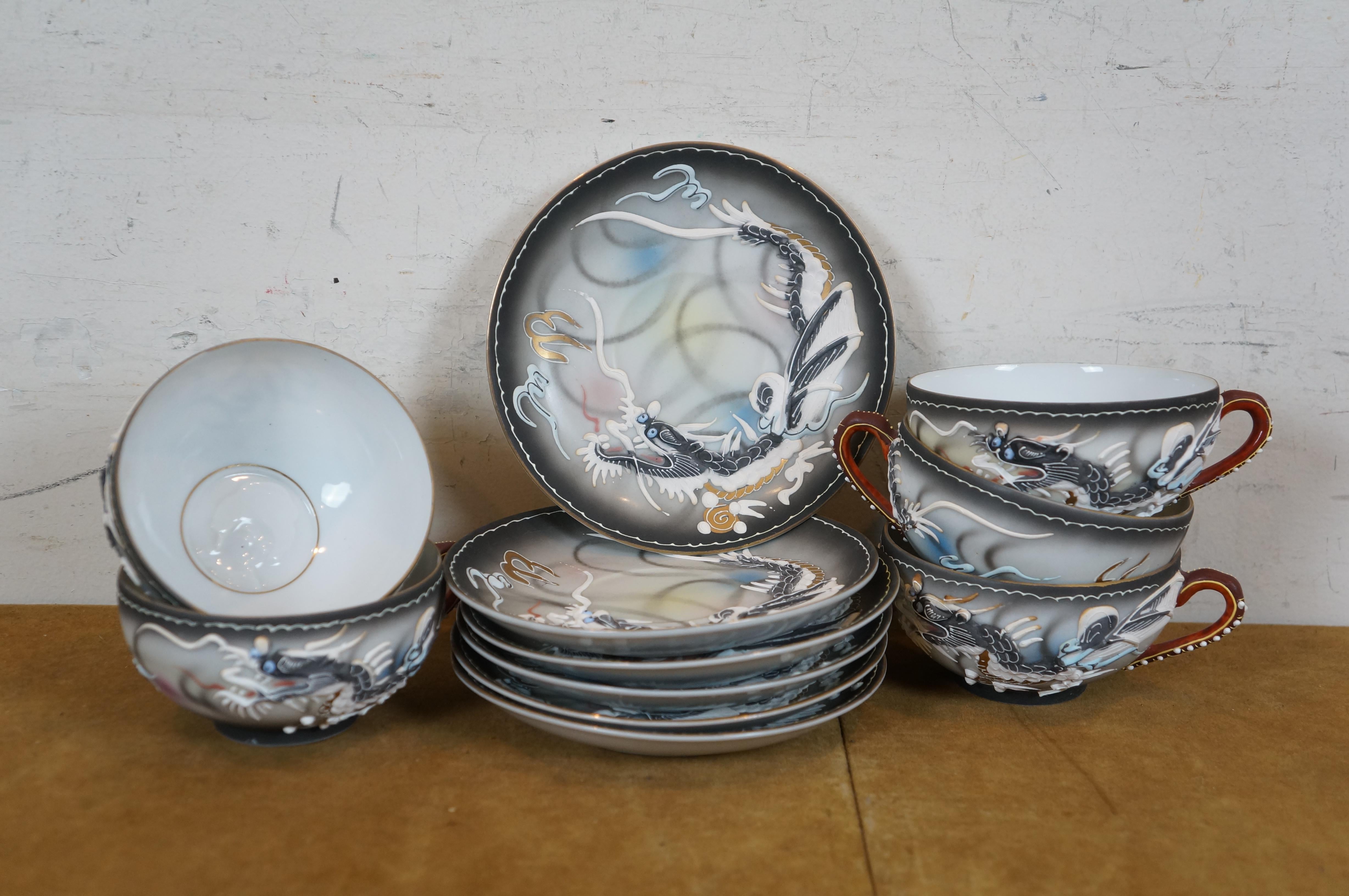 21 Pc Japanese Satsuma Moriage Dragonware Lithopane Geisha Coffee Tea Set in vendita 1
