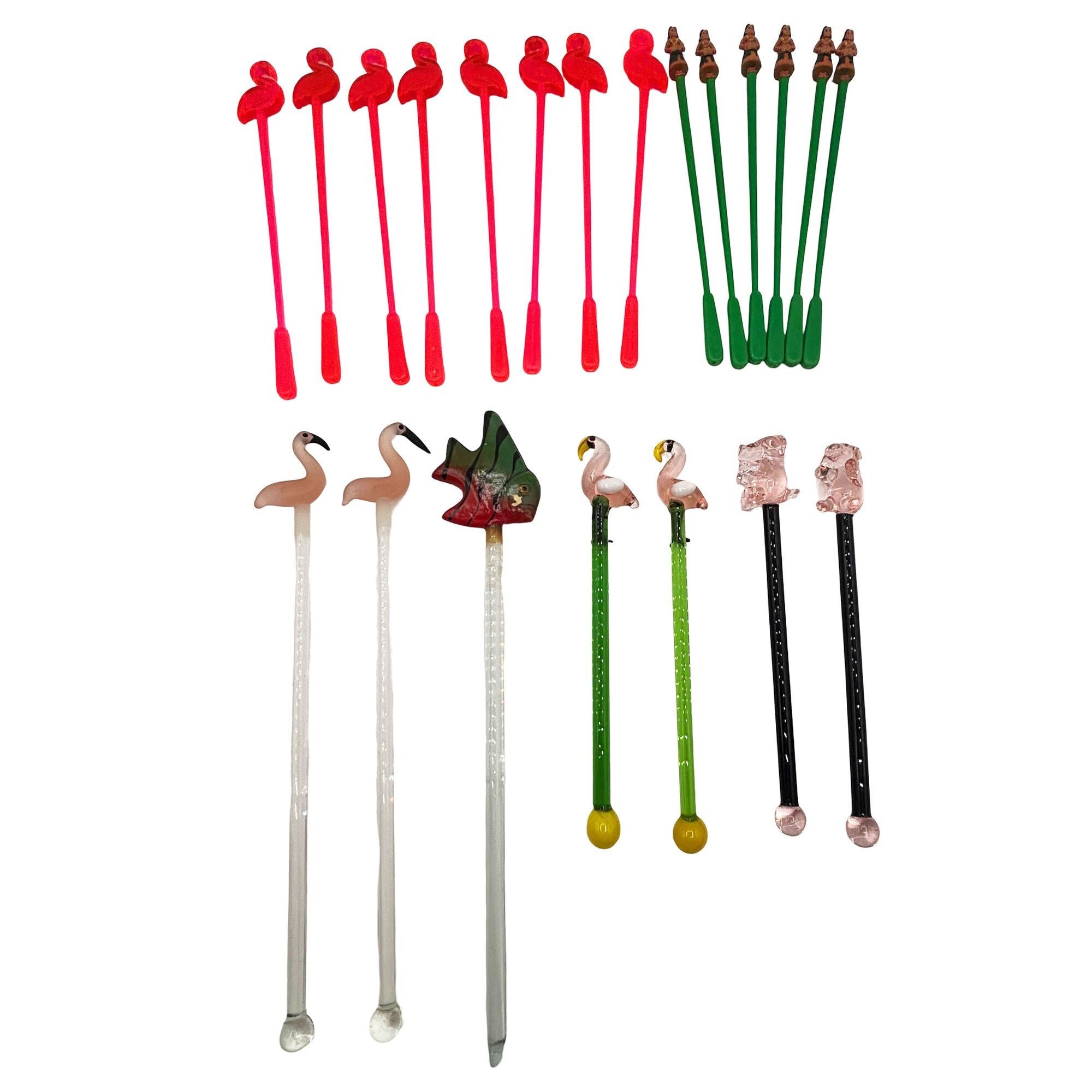 21 Piece Mid-Century Tropical Hula Girl & Flamingo Cocktail Swizzle Sticks