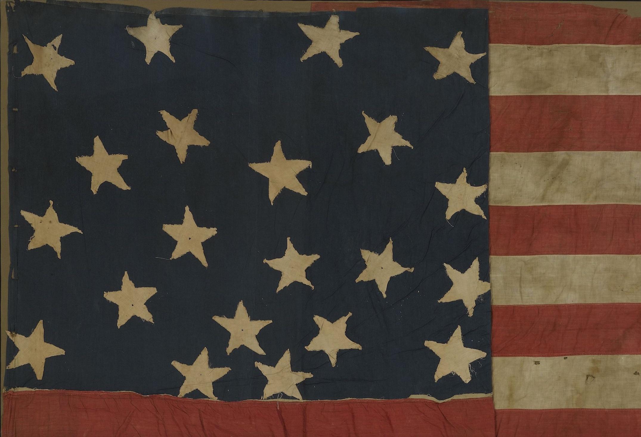 Presented is an impressive 21-star flag circa 1860-1865. This is a southern-exclusionary 21-star flag constructed during the period of the American Civil War. The number of stars on this flag represent the number of states that remained loyal to the