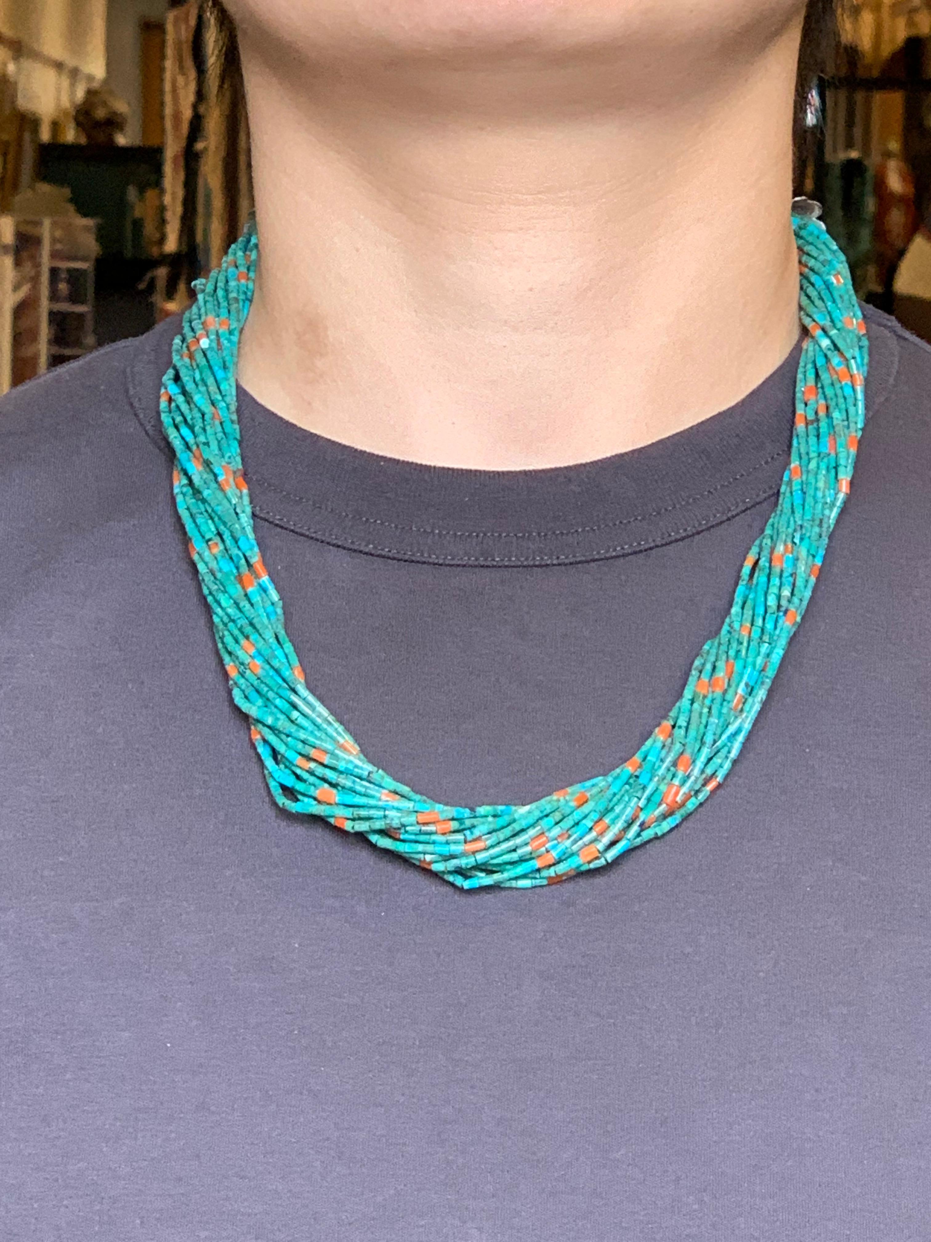21-strand Turquoise and Coral Beaded Necklace by Aldrich For Sale 9