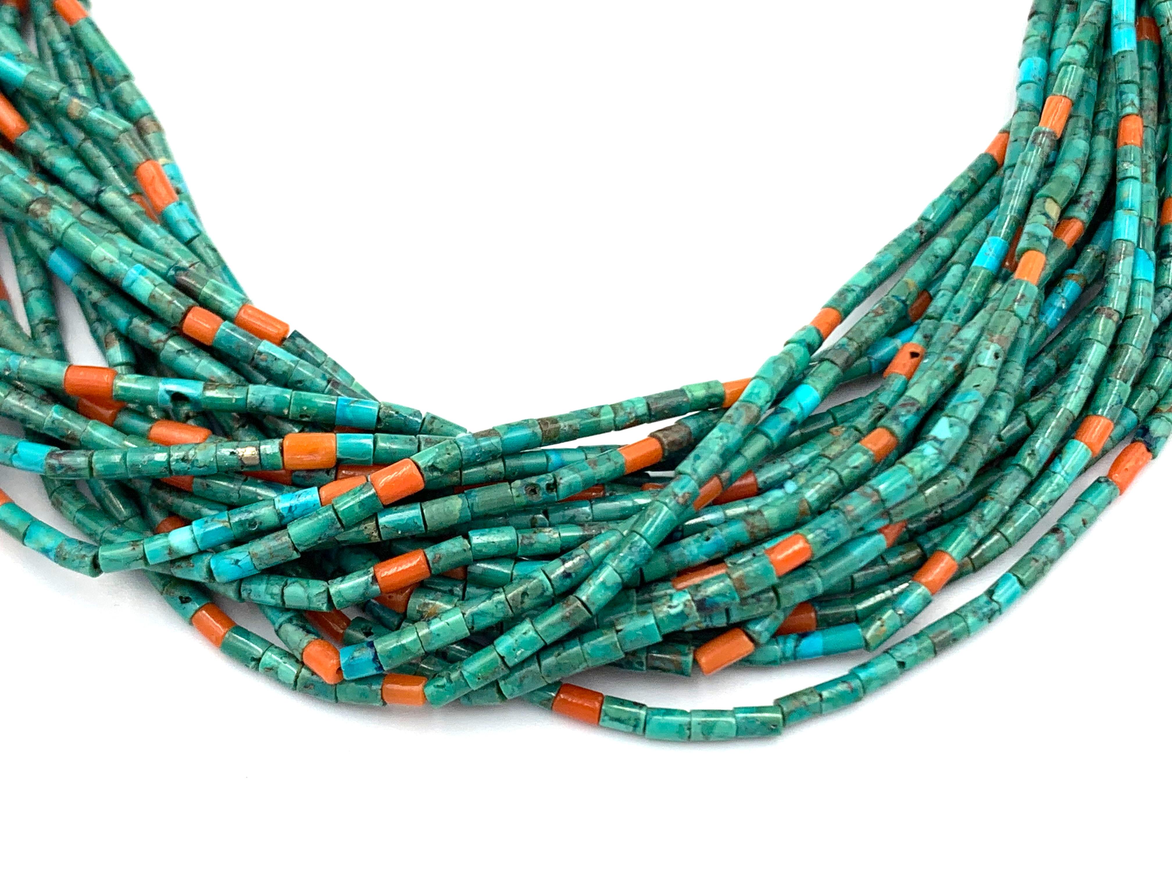 Native American 21-strand Turquoise and Coral Beaded Necklace by Aldrich For Sale