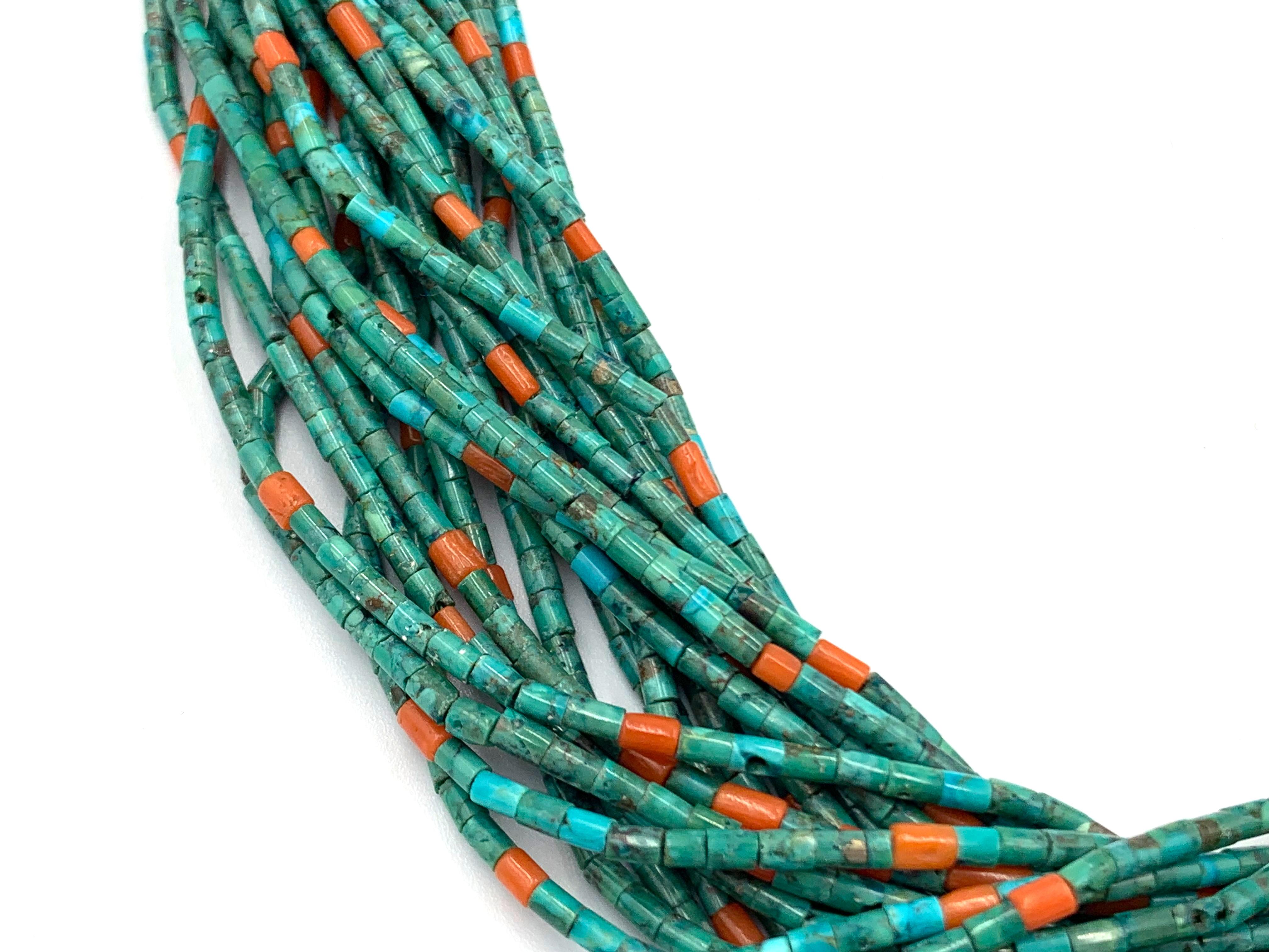 21-strand Turquoise and Coral Beaded Necklace by Aldrich In New Condition For Sale In Scottsdale, AZ