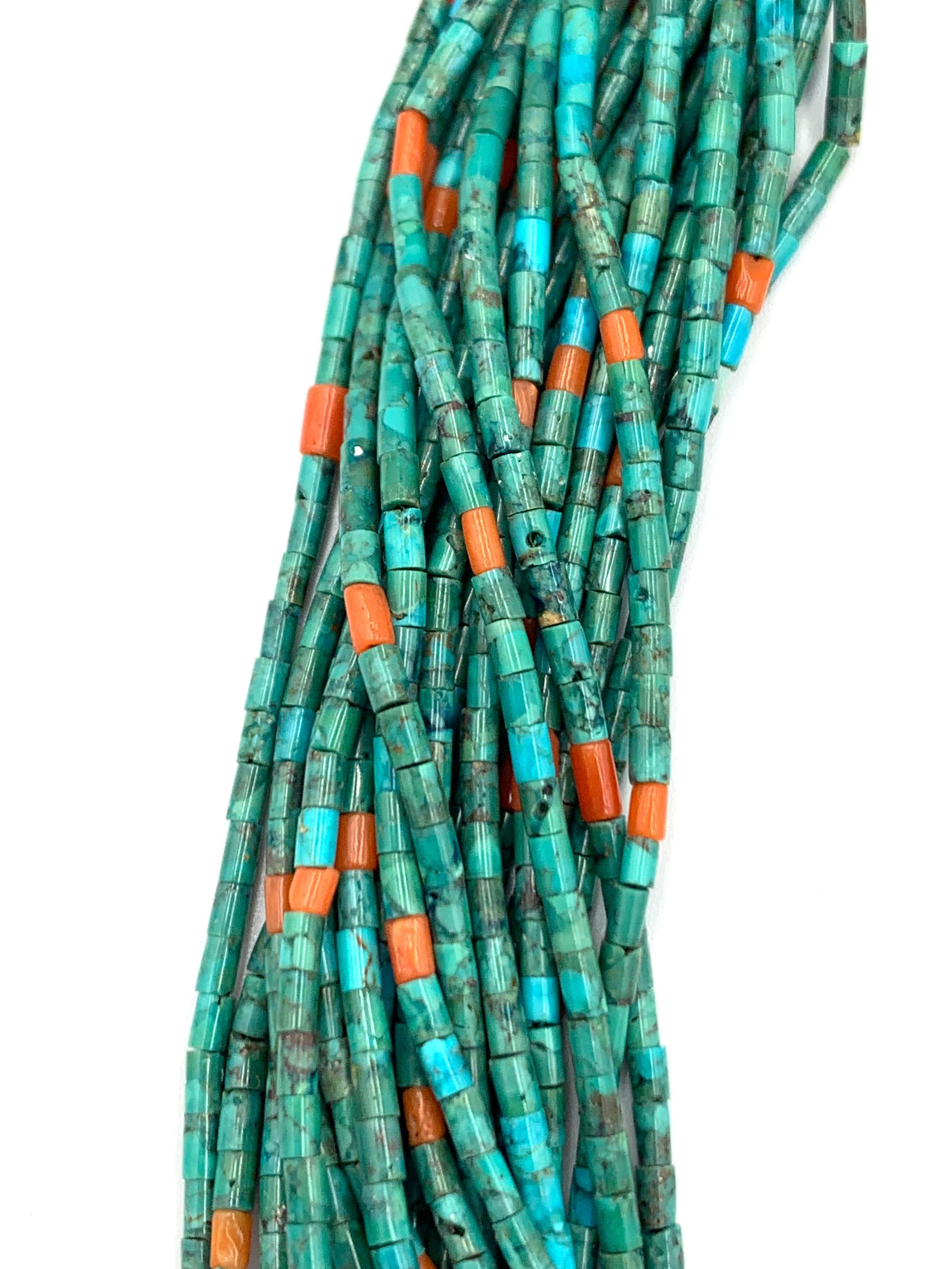 Women's or Men's 21-strand Turquoise and Coral Beaded Necklace by Aldrich For Sale