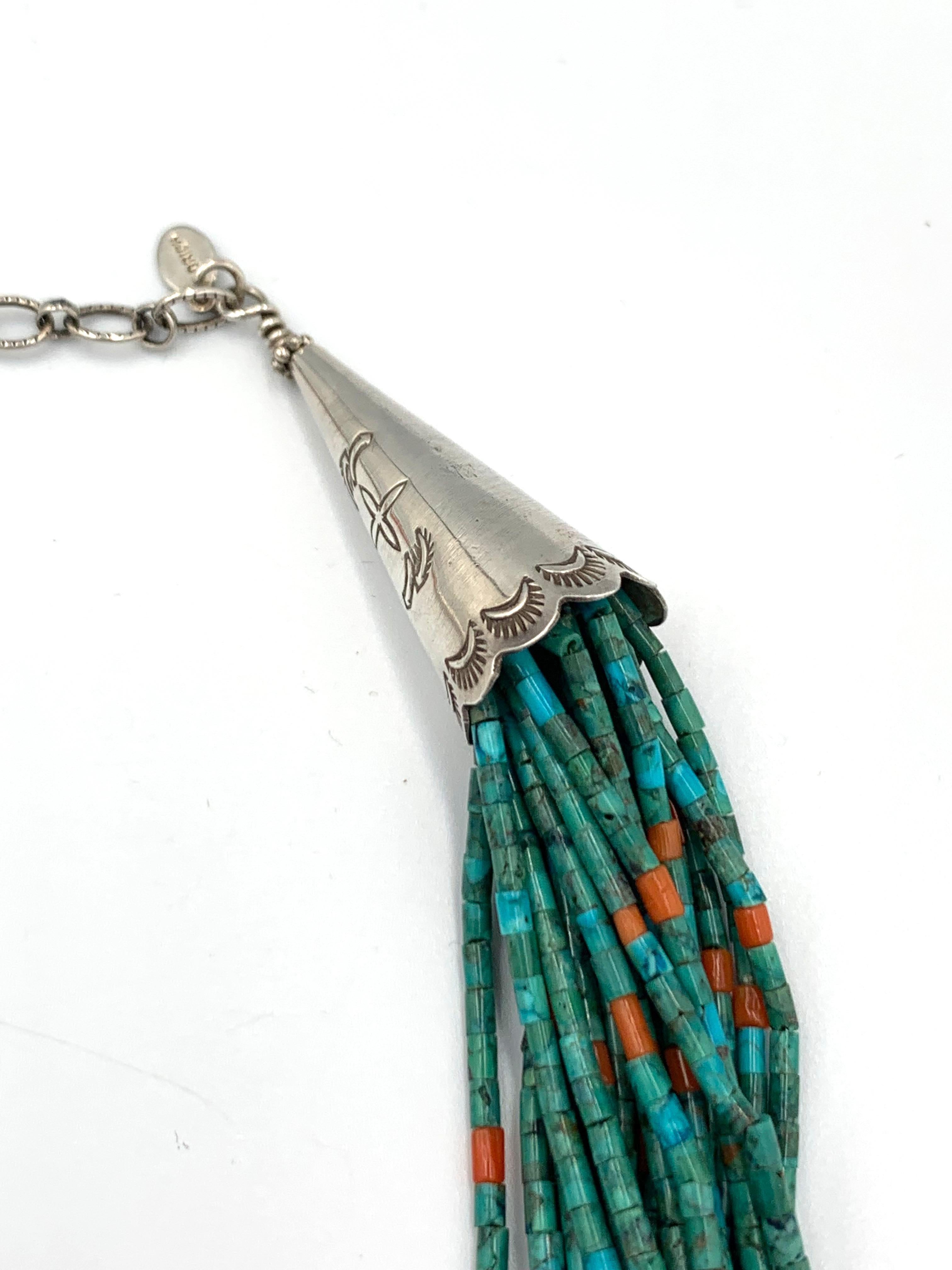 21-strand Turquoise and Coral Beaded Necklace by Aldrich For Sale 4