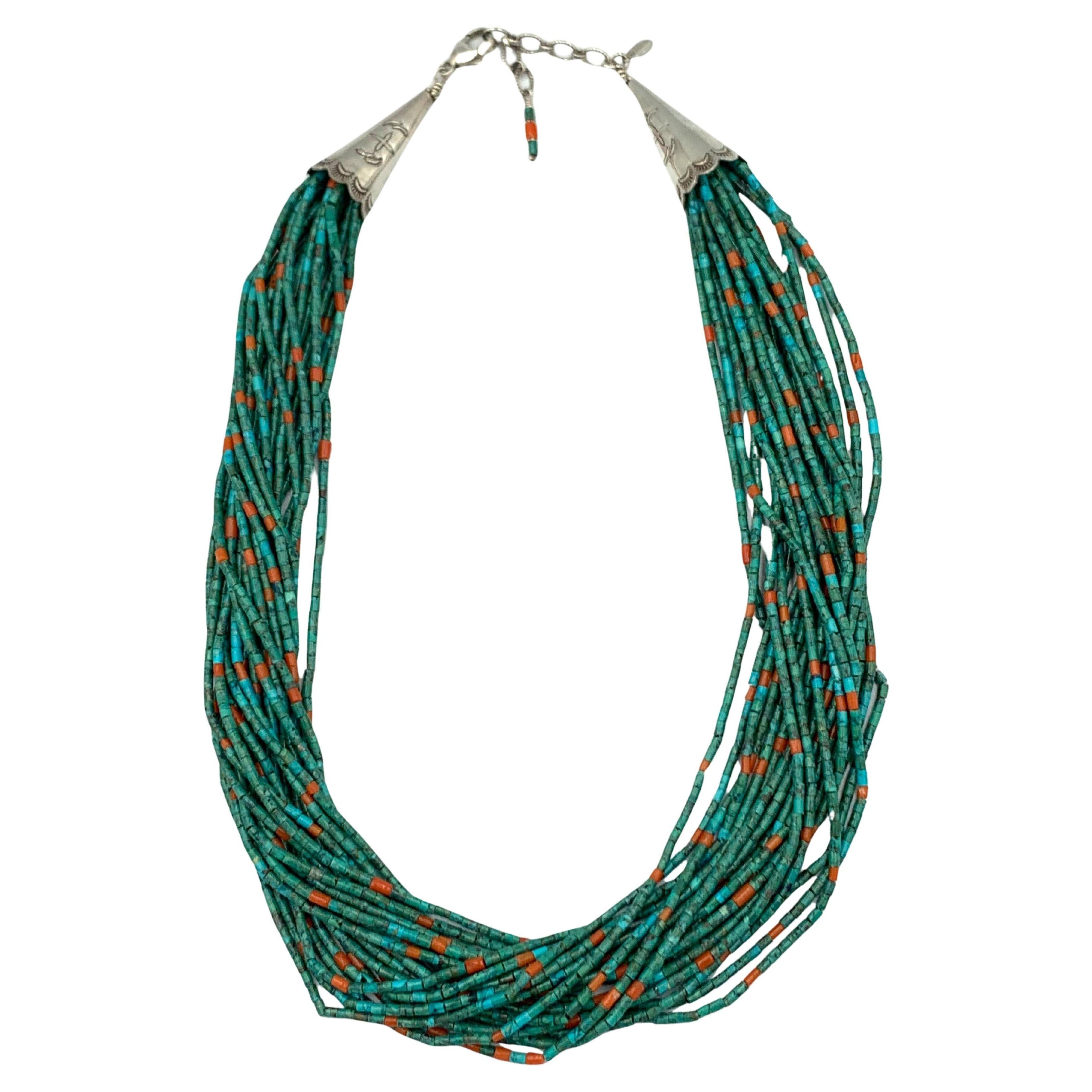 21-strand Turquoise and Coral Beaded Necklace by Aldrich For Sale