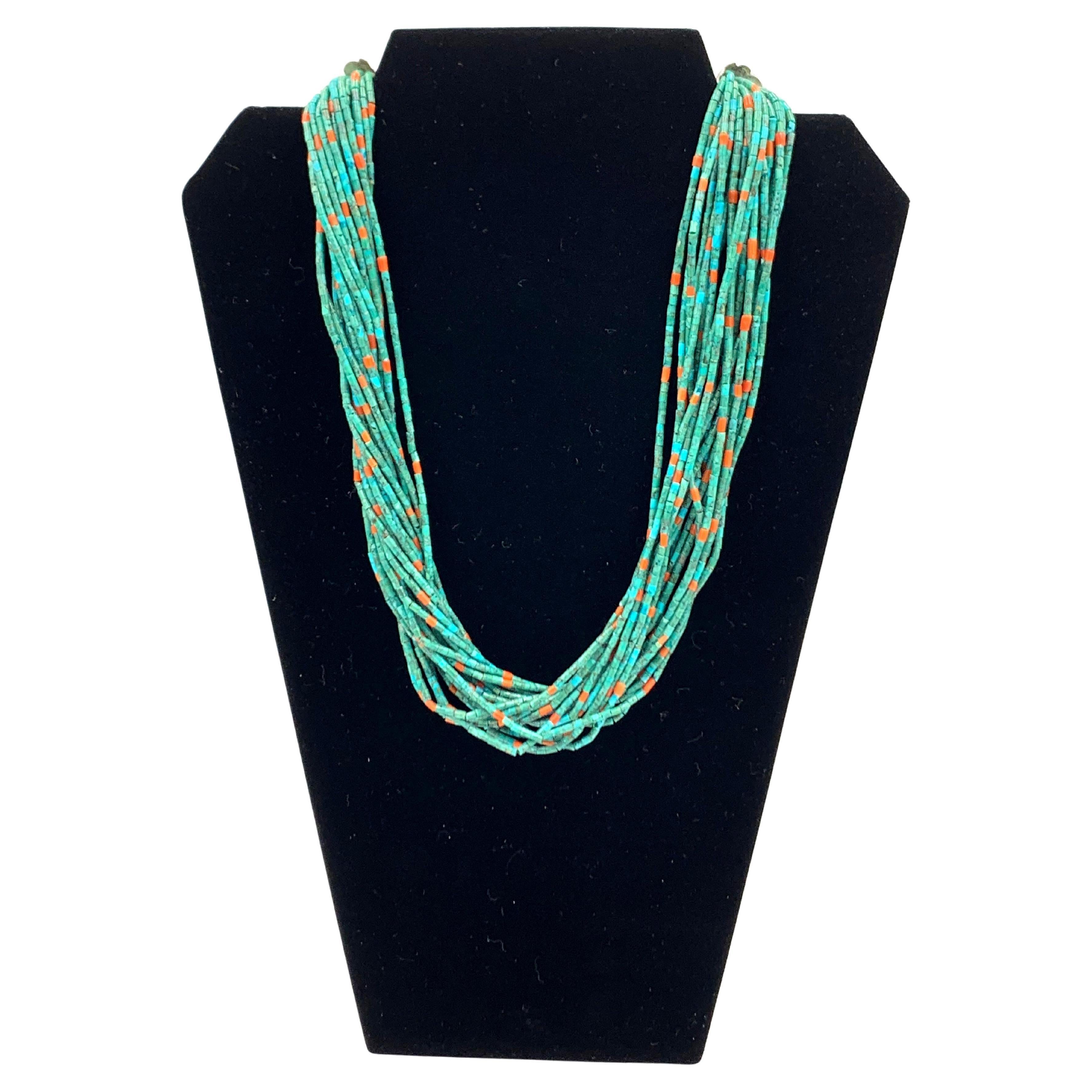 Collier de perles de corail et de turquoise à 21 brins par Aldrich en vente