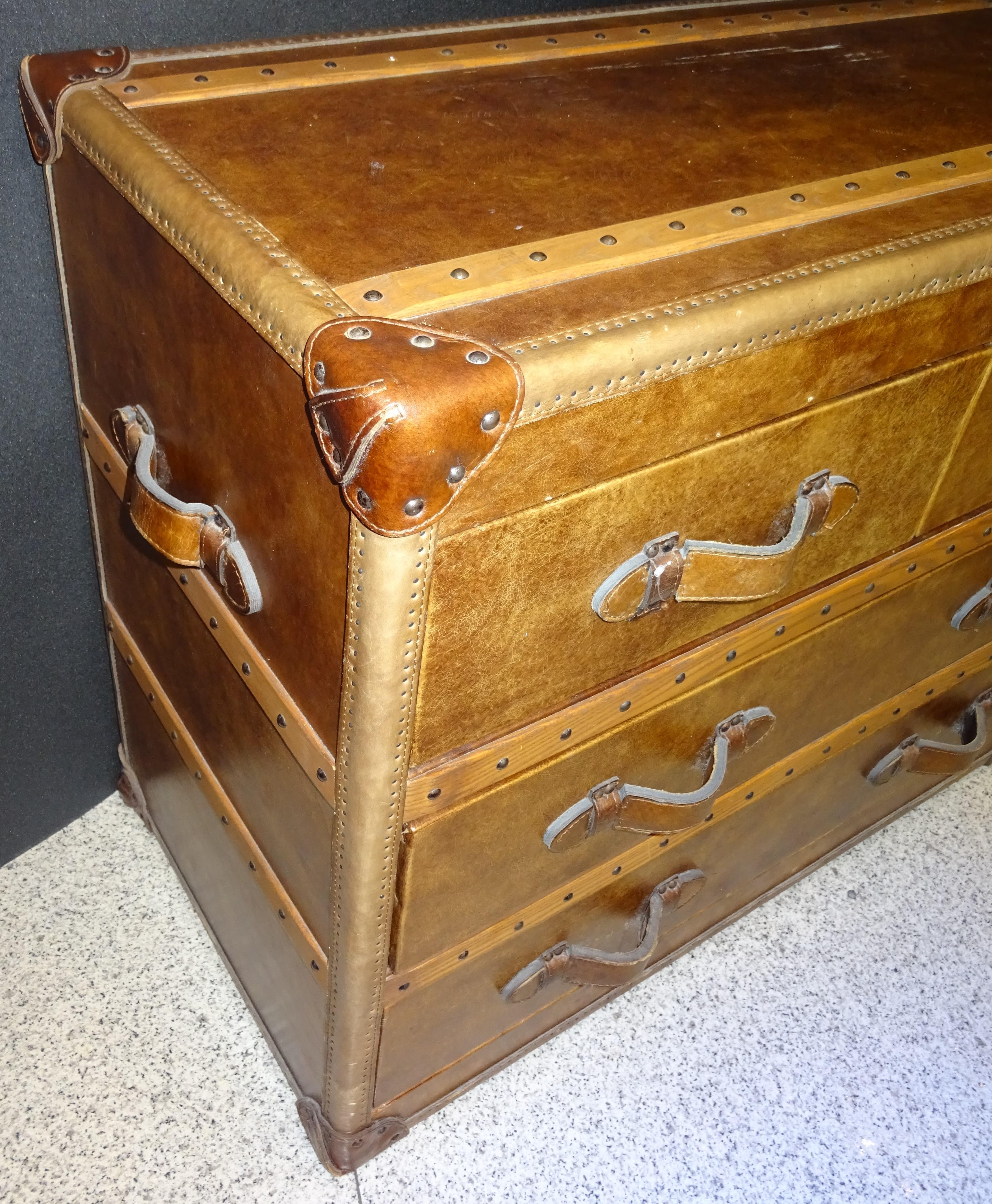 21st Century Flamant French Brown Leather and Wood Trunk Chest of Drawers 2