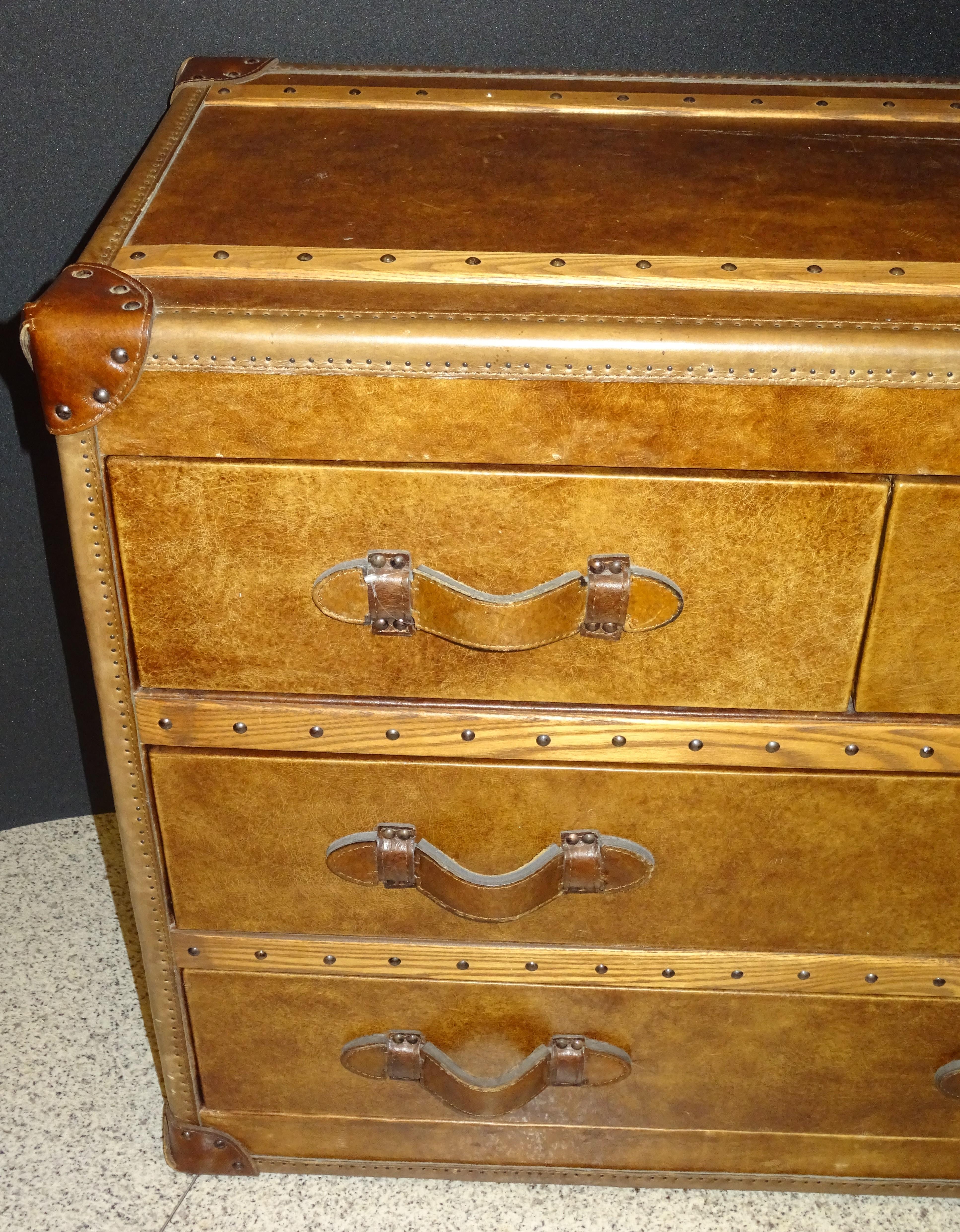 British Colonial 21st Century Flamant French Brown Leather and Wood Trunk Chest of Drawers