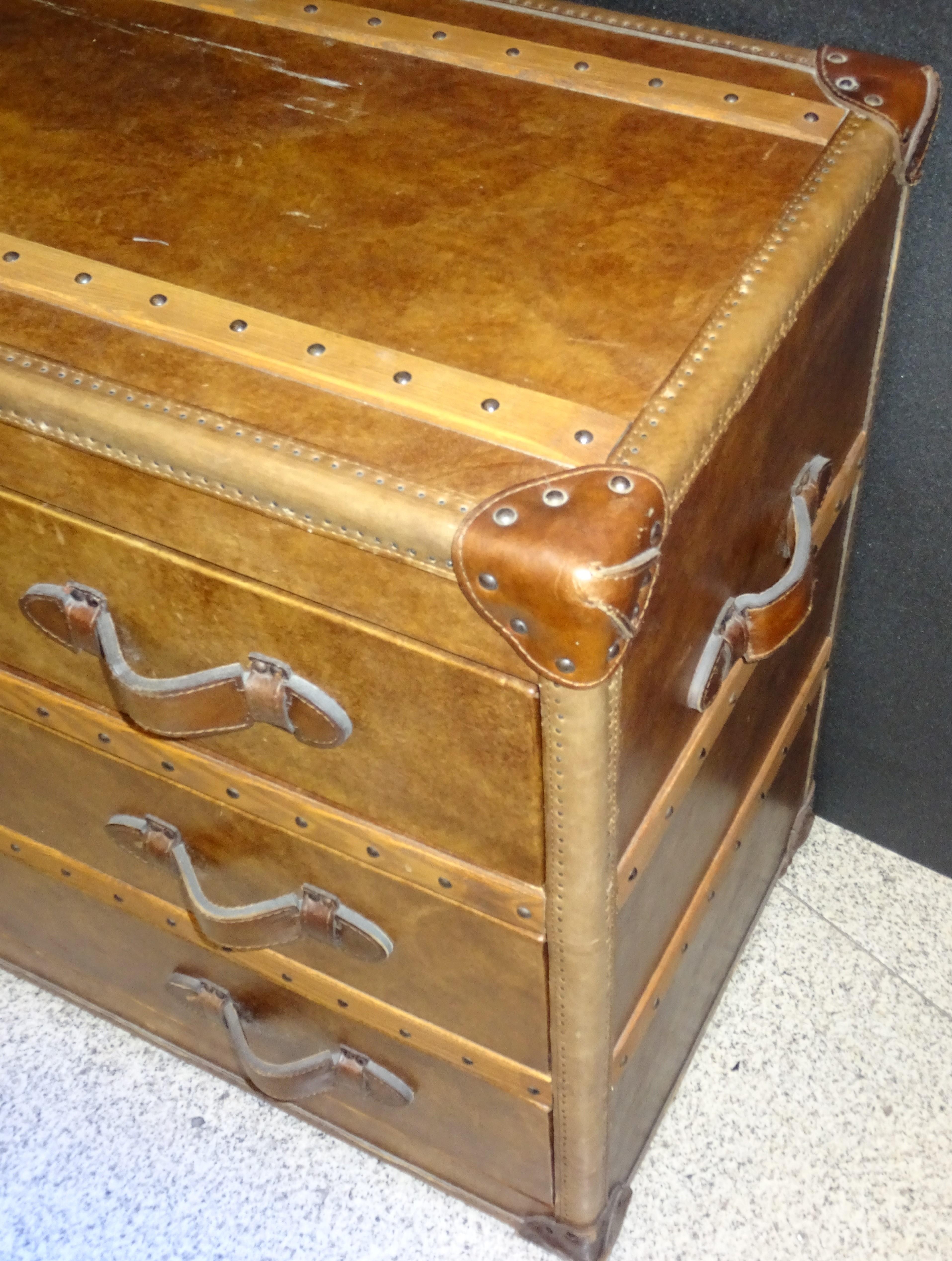 Hand-Crafted 21st Century Flamant French Brown Leather and Wood Trunk Chest of Drawers
