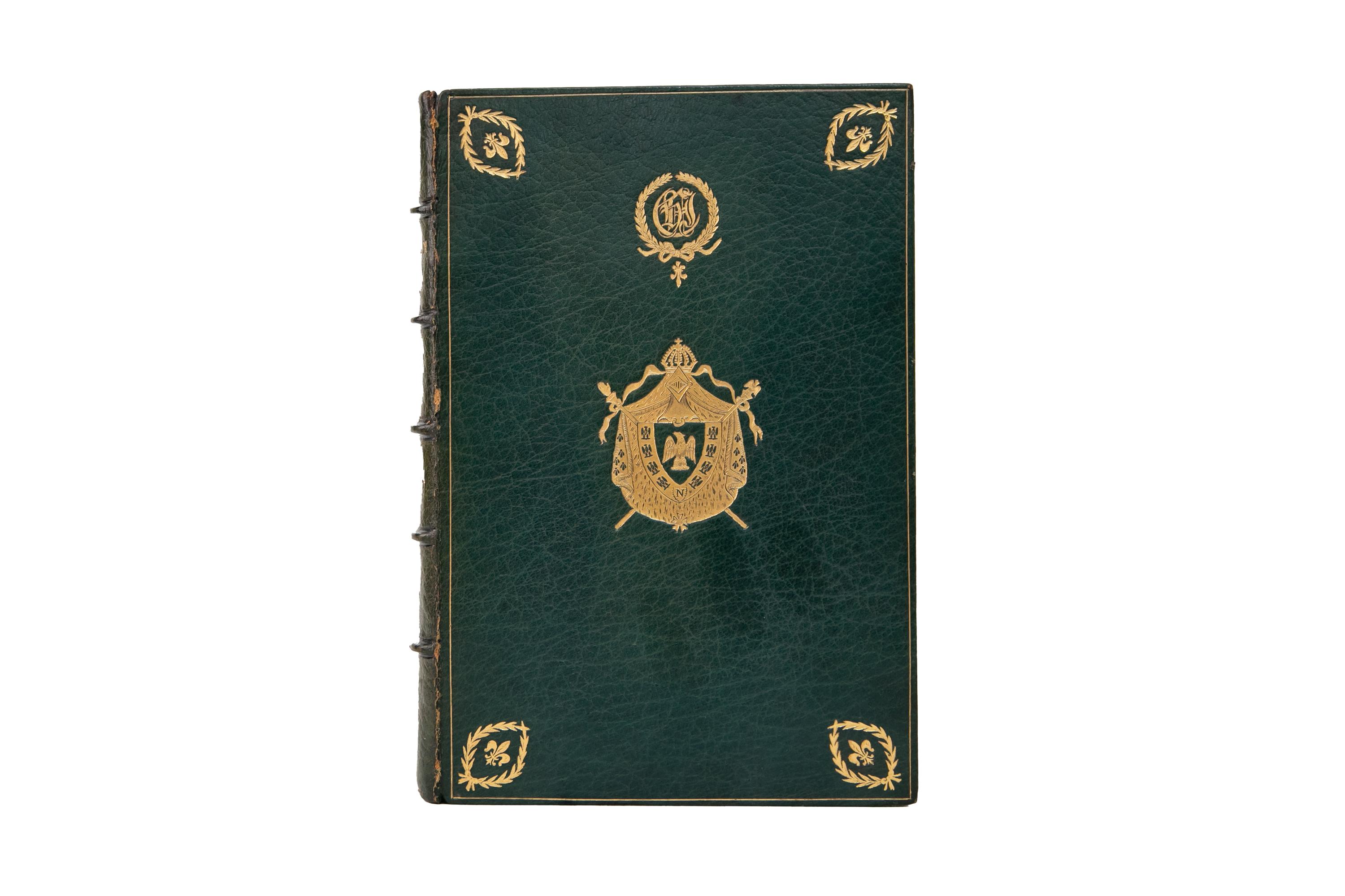 21 Volumes. William Hazlitt, The Life of Napoleon Bonaparte. Édition Definitive. Bound in full green Morocco with gilt-tooled crests on the covers. Raised band spines with gilt-tooled detailing. Top edges gilt, gilt-tooled dentelles, and decorative