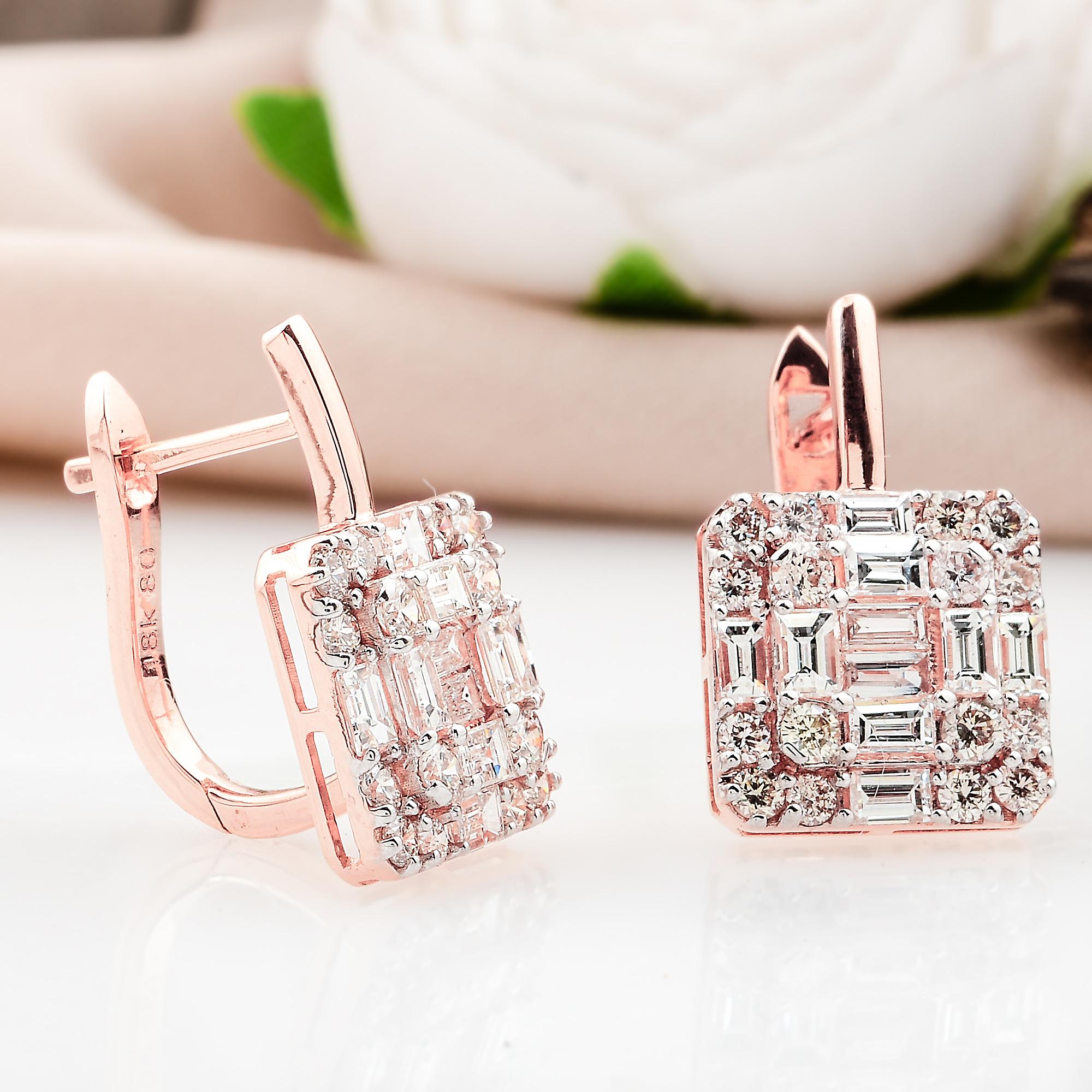 Modern 2.10 Carat Baguette Diamond Square Stud Earrings Solid 14k Rose Gold Jewelry For Sale