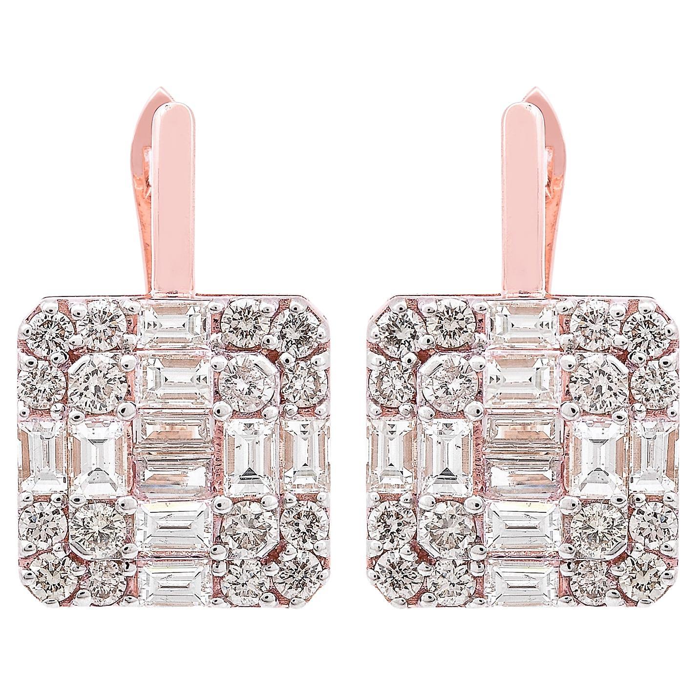 2.10 Carat Baguette Diamond Square Stud Earrings Solid 18k Rose Gold Jewelry