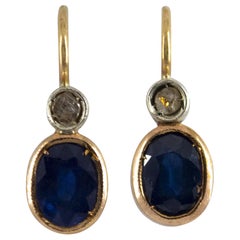 2.10 Carat Blue Sapphire White Rose Cut Diamond Yellow Gold Lever-Back Earrings