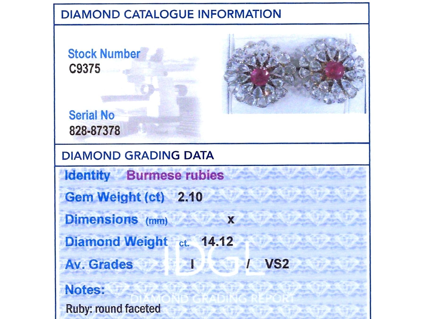 2.10 Carat Burmese Ruby 14.12 Carat Diamond 18k White Gold Earrings Circa 1900 For Sale 11