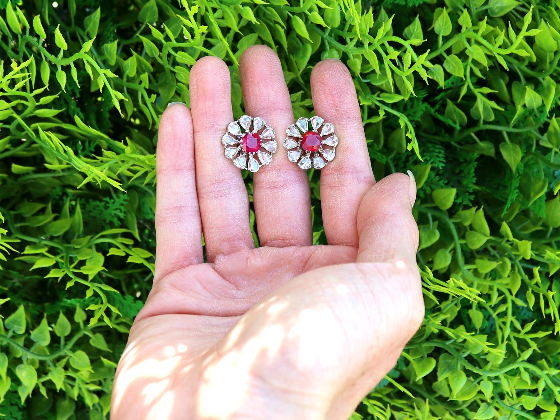 Round Cut 2.10 Carat Burmese Ruby 14.12 Carat Diamond 18k White Gold Earrings Circa 1900 For Sale