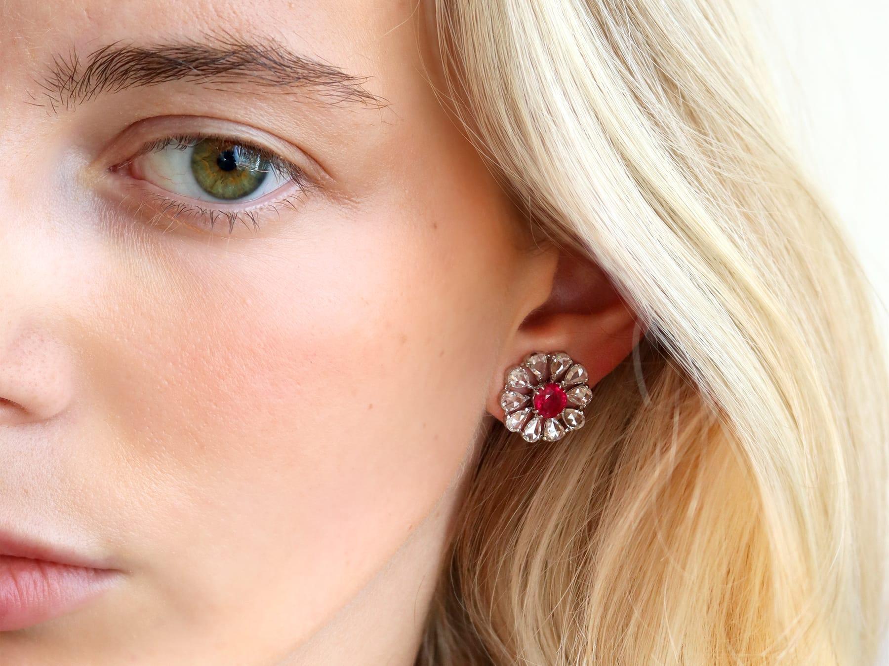 2.10 Carat Burmese Ruby 14.12 Carat Diamond 18k White Gold Earrings Circa 1900 In Excellent Condition For Sale In Jesmond, Newcastle Upon Tyne