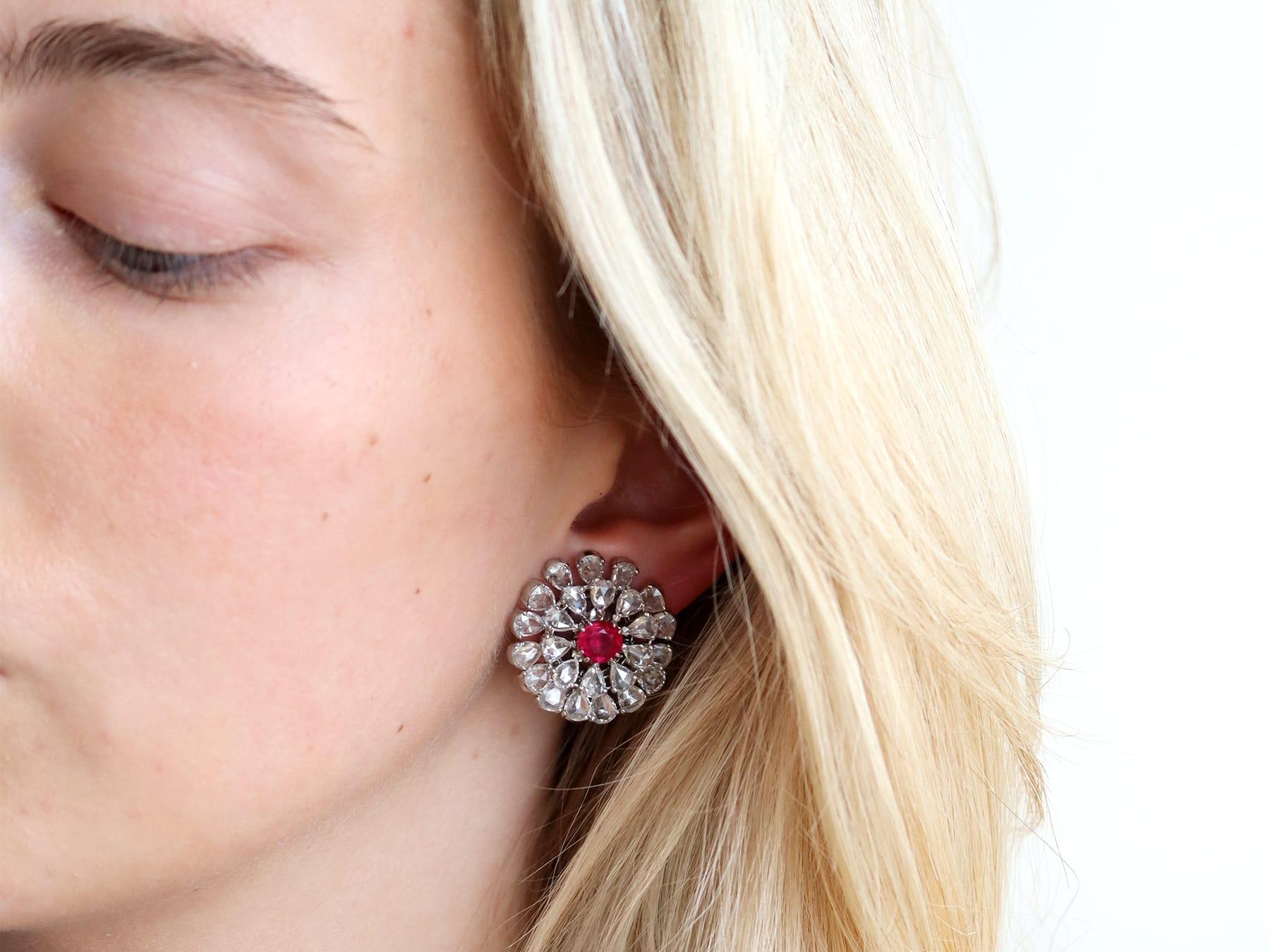 Women's or Men's 2.10 Carat Burmese Ruby 14.12 Carat Diamond 18k White Gold Earrings Circa 1900 For Sale