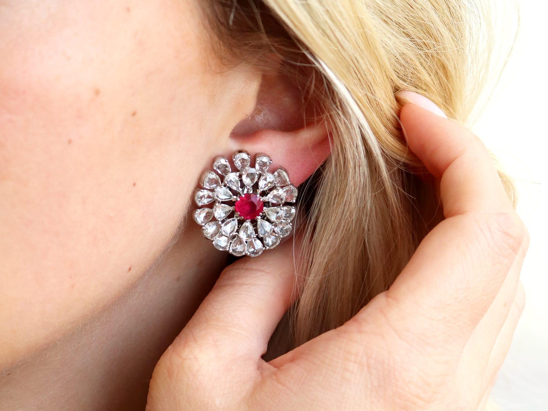 2.10 Carat Burmese Ruby 14.12 Carat Diamond 18k White Gold Earrings Circa 1900 For Sale 1