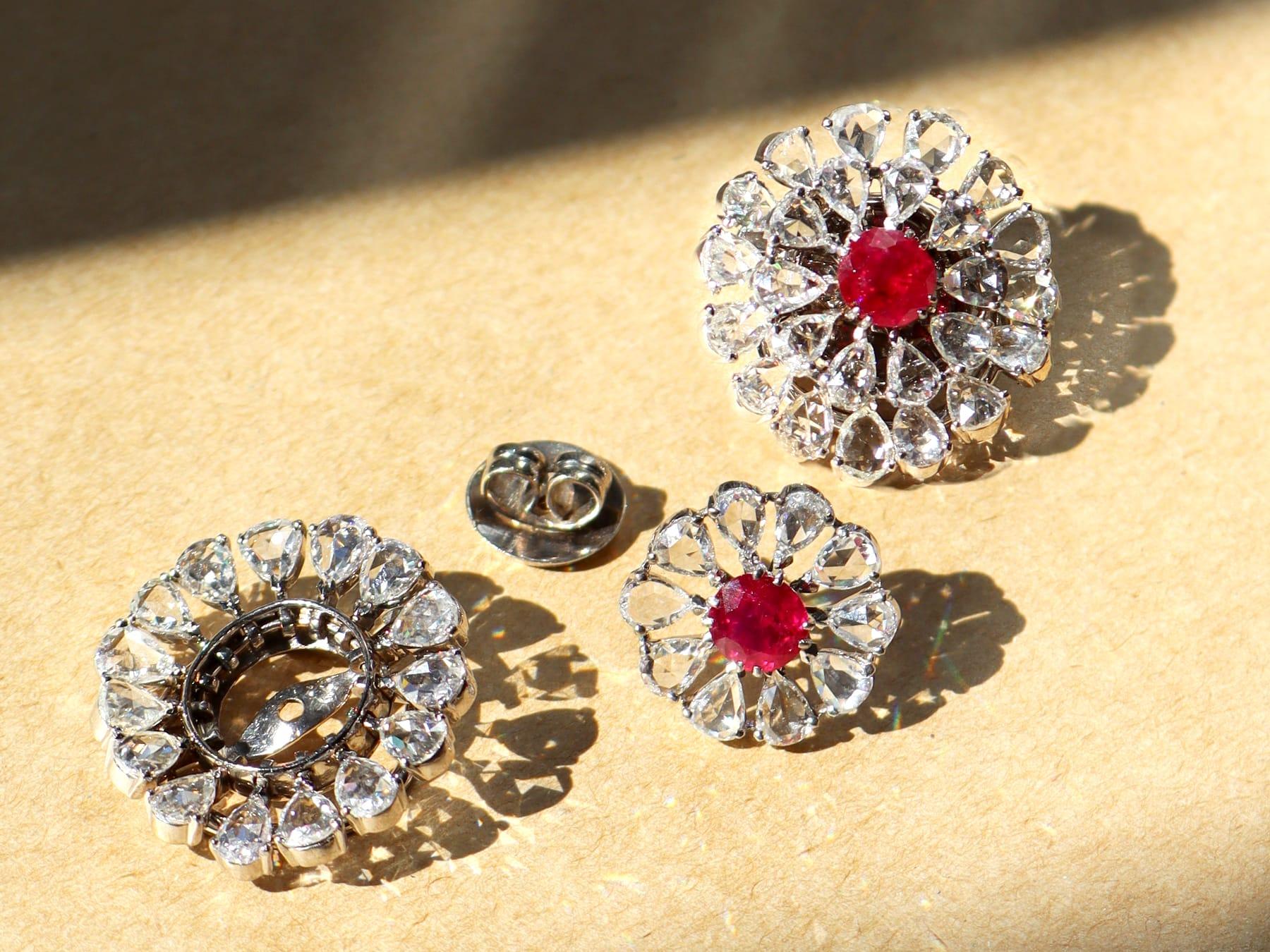 2.10 Carat Burmese Ruby 14.12 Carat Diamond 18k White Gold Earrings Circa 1900 For Sale 2