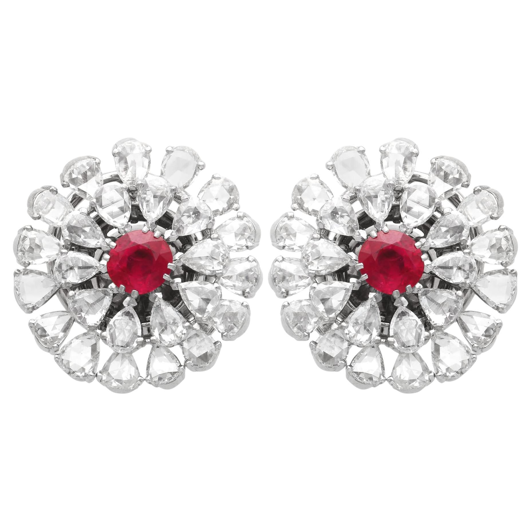 2.10 Carat Burmese Ruby 14.12 Carat Diamond 18k White Gold Earrings Circa 1900 For Sale