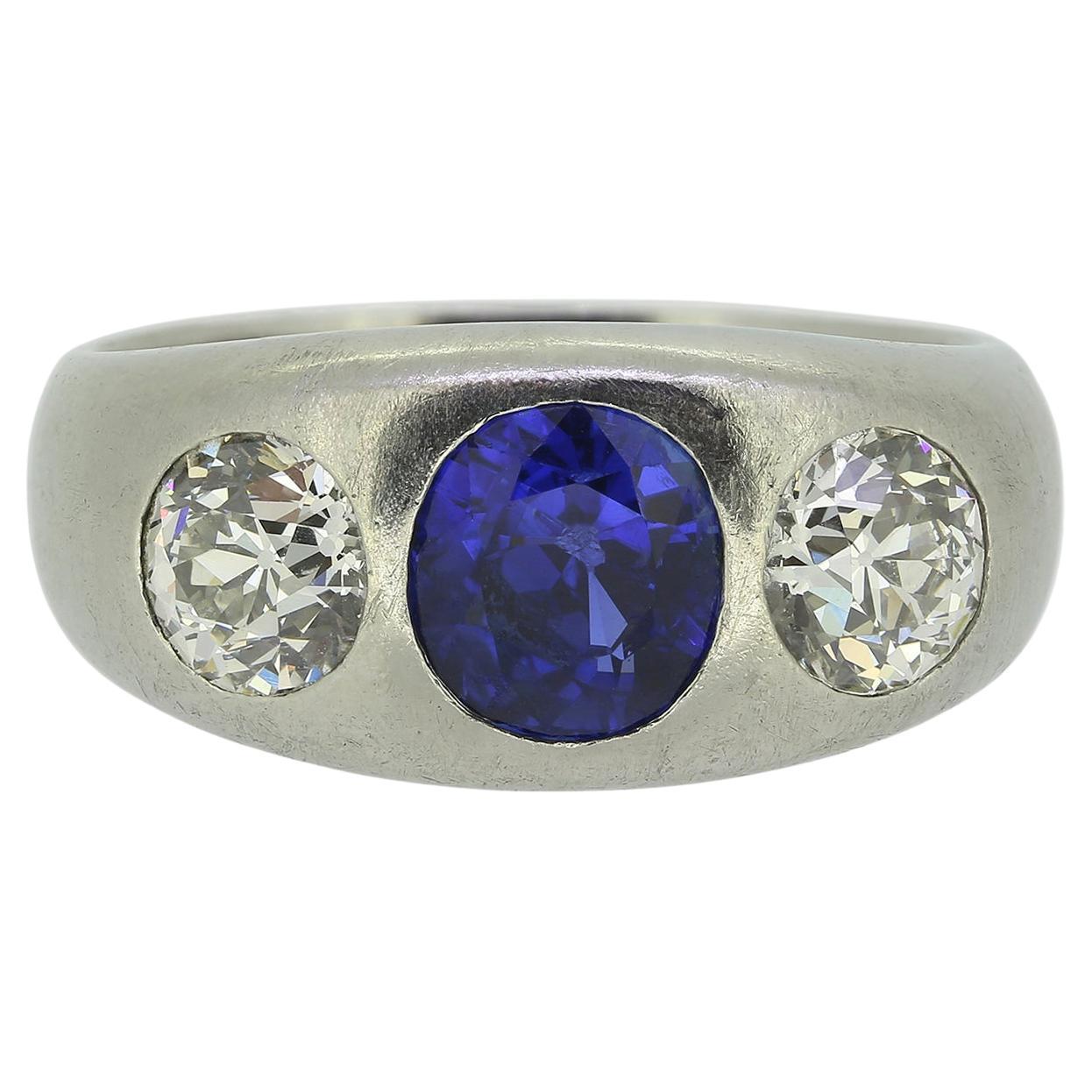 2.10 Carat Burmese Sapphire and Old Cut Diamond Three-Stone Ring