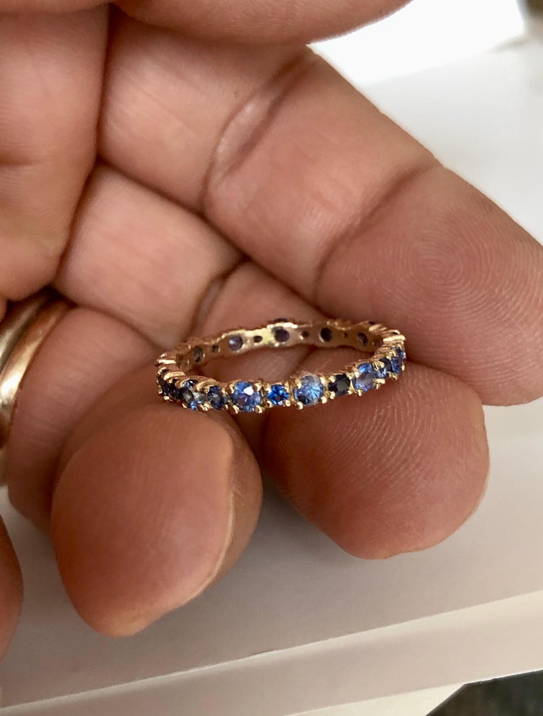 2.10 Carat Round Ceylon natural-untreated Sapphire Engagement Eternity Wedding Band Ring 14K Yellow Gold
Eternity band ring, showcasing 26 fine round cut Ceylon blue sapphires prong-set weighing approx. 2.10 carats.
A simple and delicate band. The