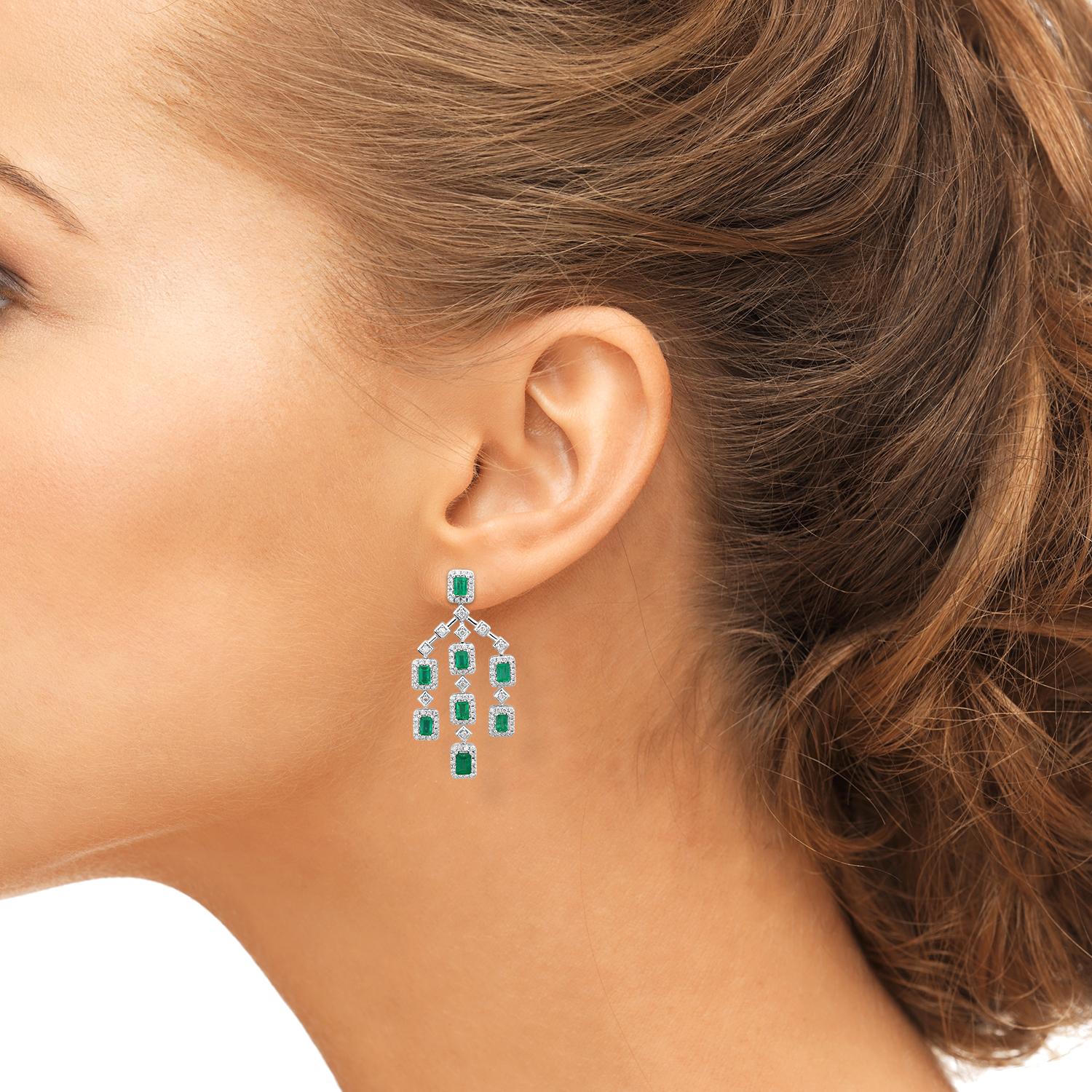 Emerald Cut 2.10 carat Columbian Emerald Chandelier Earrings For Sale