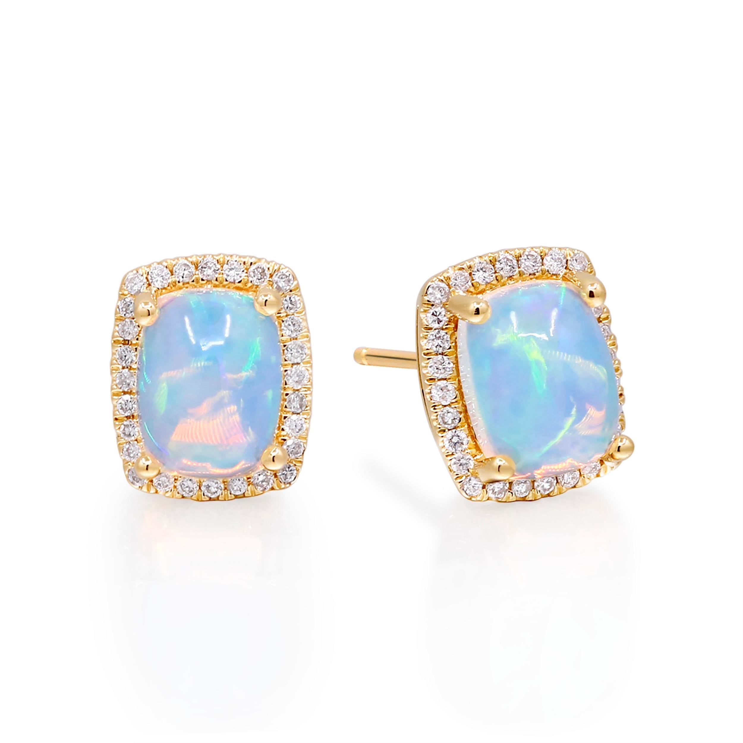 Decorate yourself in elegance with this Earring is crafted from 14-karat Yellow Gold by Gin & Grace Earring. This Earring is made up of 8x6 mm Cushion- Cab (2pcs) 2.10 carat Ethiopian Opal and Round-cut White Diamond (56 Pcs) 0.15 Carat. This