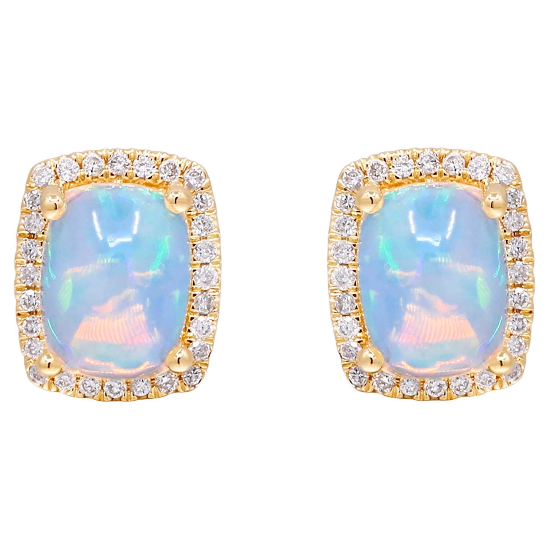 2.10 Carat Cushion-Cab Ethiopian Opal Diamond Accents 14K Yellow Gold Earring For Sale