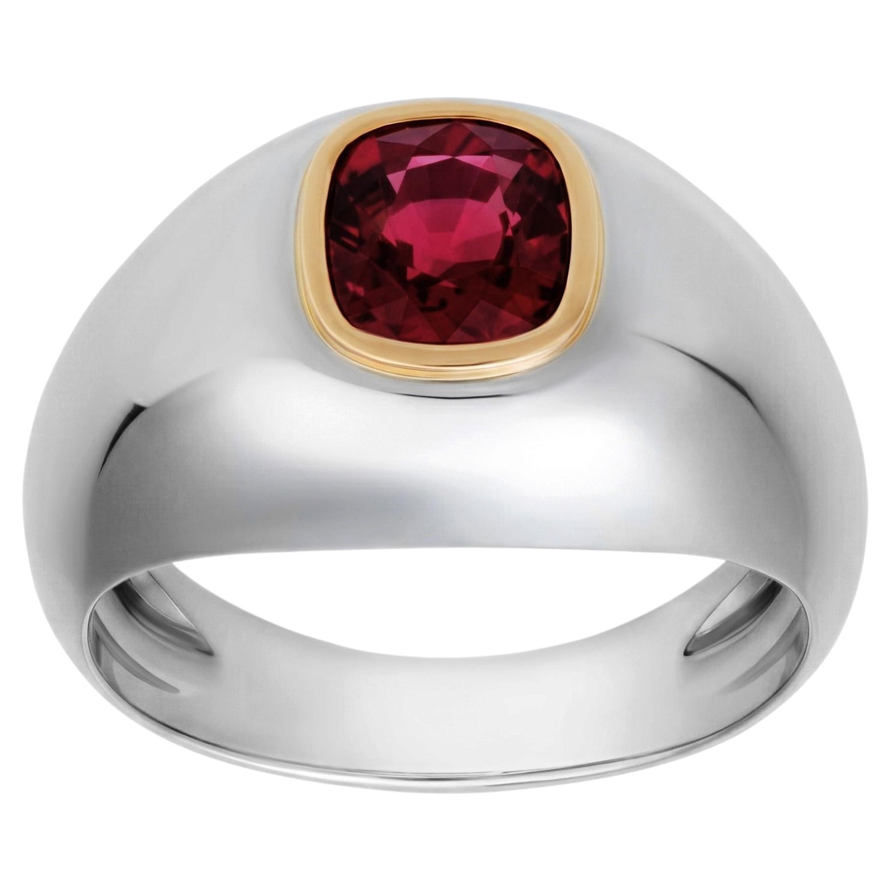 Roman Malakov 2.10 Carat Cushion-Cut Ruby Men's Ring in Yellow Gold and Platinum For Sale