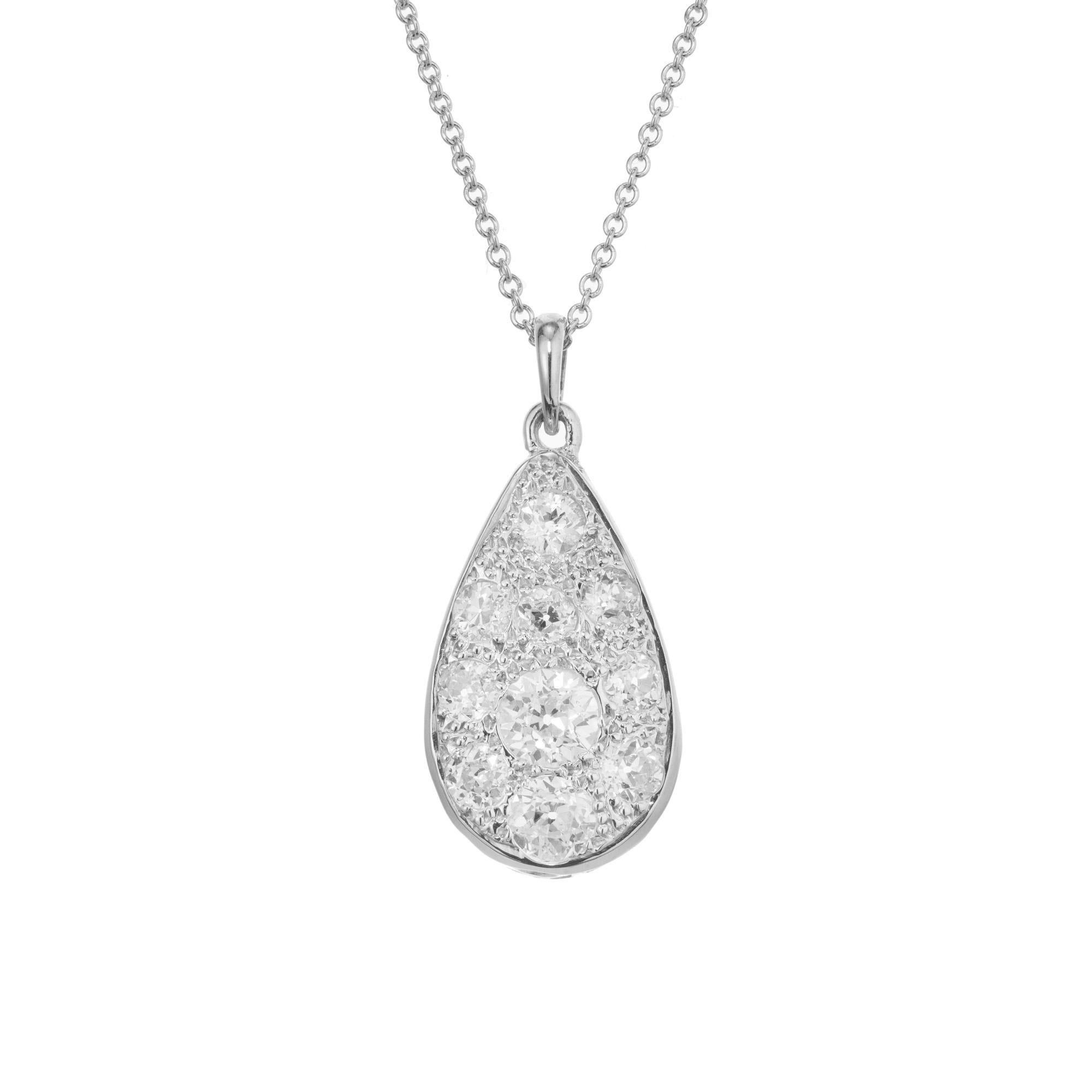 1970's Diamond pendant necklace. Ten Old European cut diamonds totaling 2.10cts set in a classic 14k white gold tear drop shaped pendant. Completed with an 18 inch 14k white gold chain. The diamonds are circa 1900-1920 that were cluster set into a