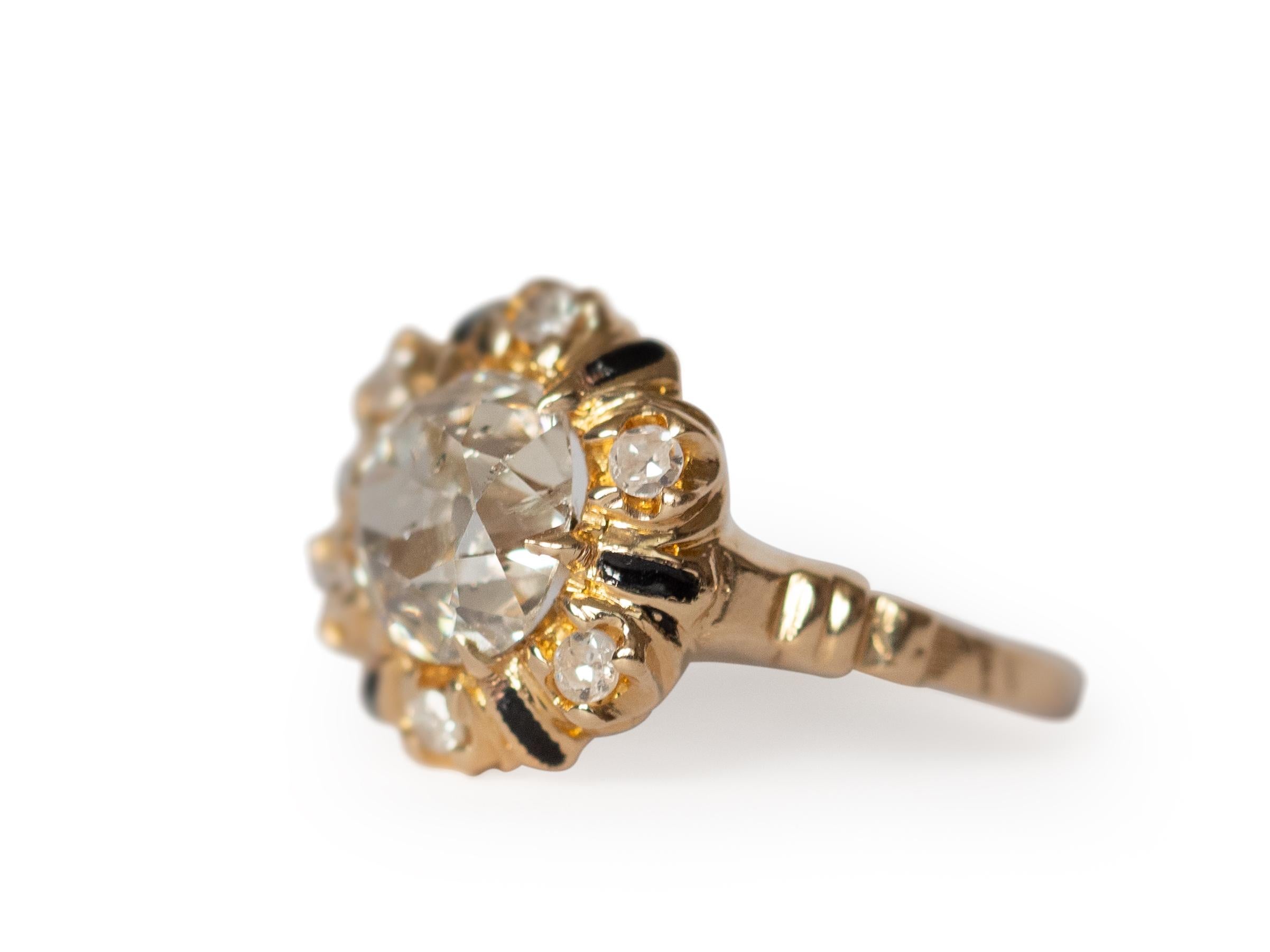 Ring Size: 6.5
Metal Type: 14K Yellow Gold  [Hallmarked, and Tested]
Weight:  3.5 grams

Center Diamond Details:
Weight: 2.10 carat
Cut: Old Mine Brilliant (Antique Cushion)
Color: M
Clarity: I1

Side Diamond Details:
Weight: .20 carat, total