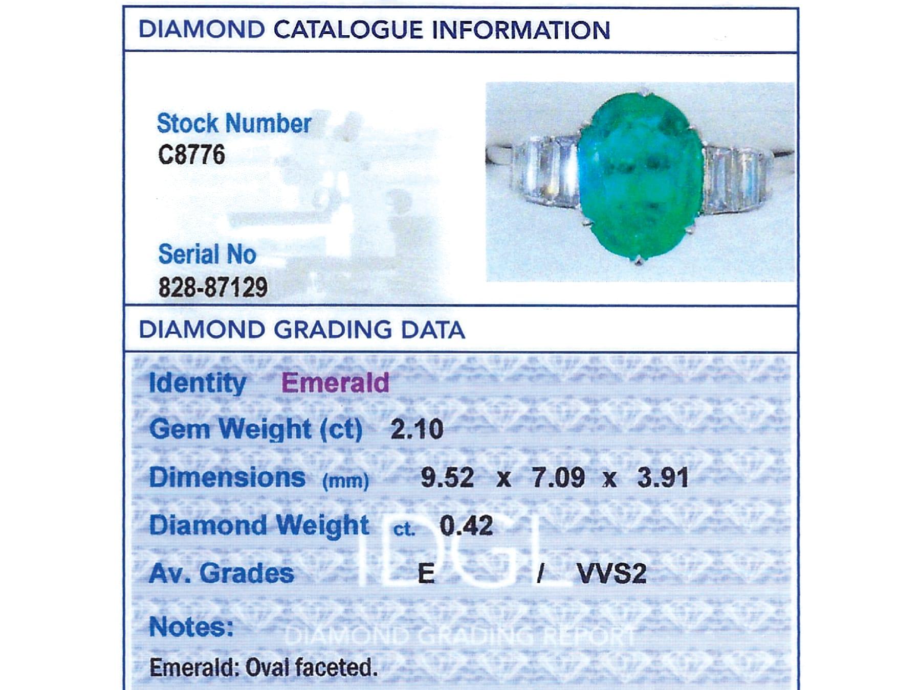 Esmeralda de 2,10 quilates Diamante de 0,42 quilates Anillo de cóctel en platino en venta 2